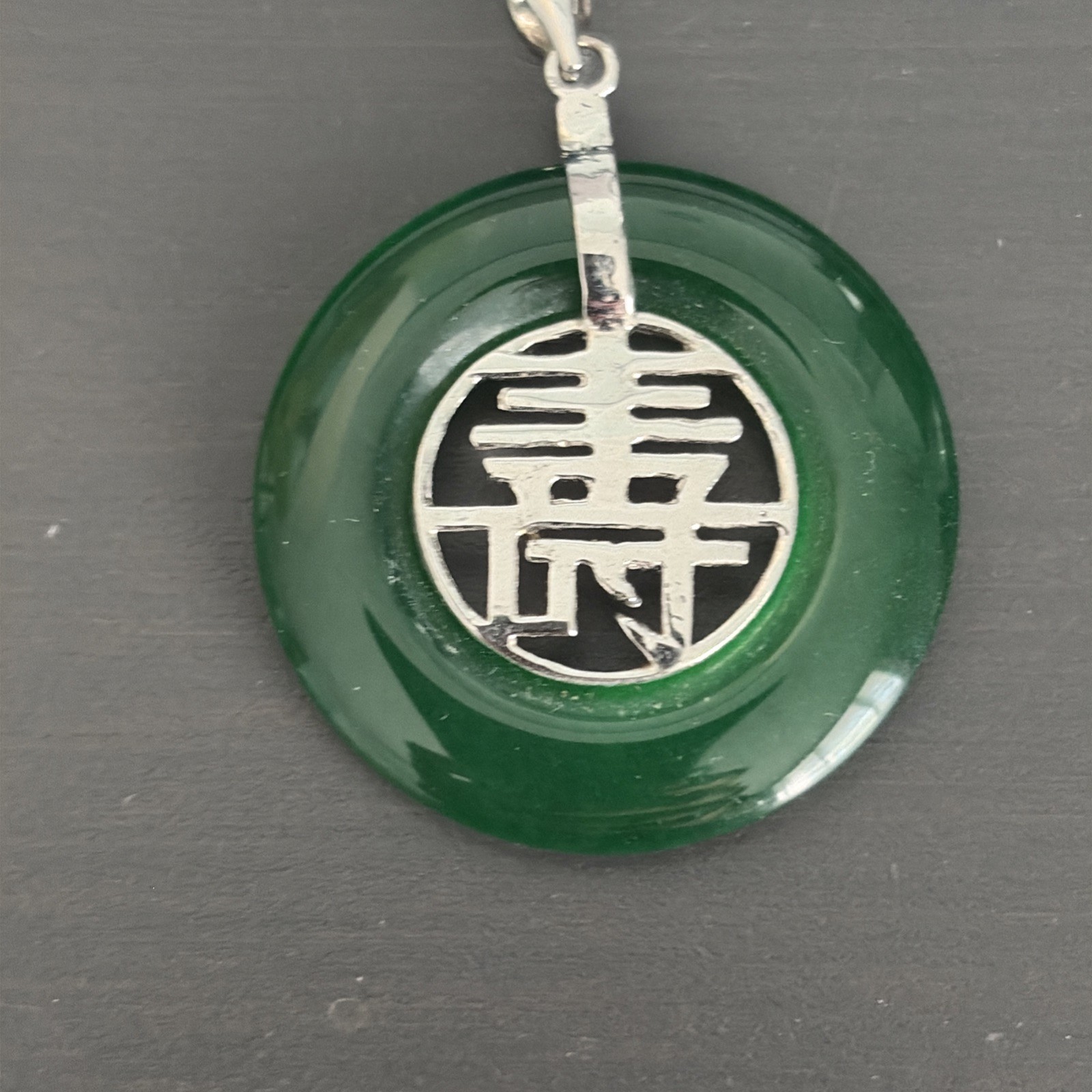 JADE PI Donut Pendant with Chinese Longevity Symbol Shou White 18K GF