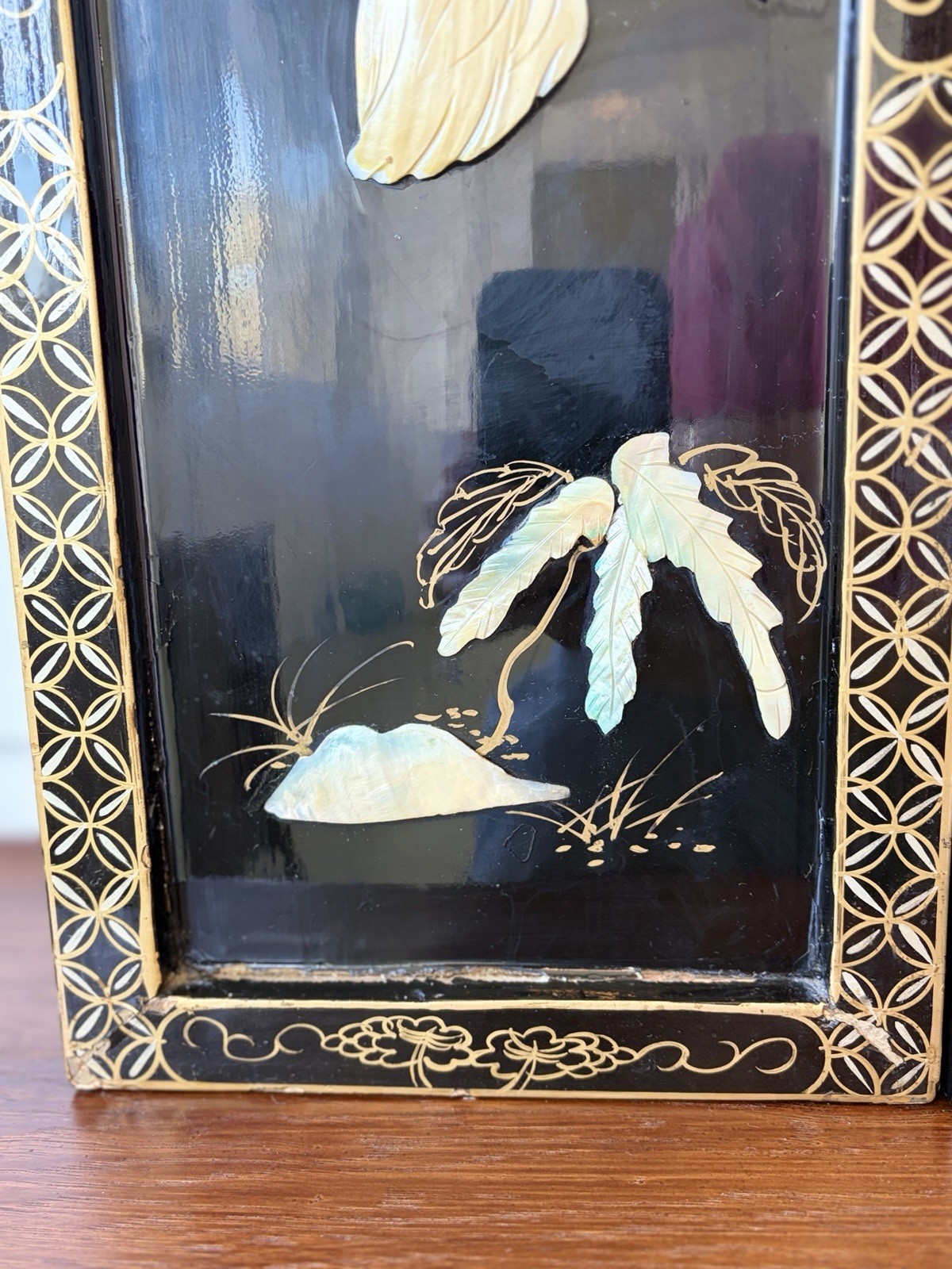 2 Vintage Asian Mother Of Pearl Inlay Black Lacquer Wooden Wall Panels