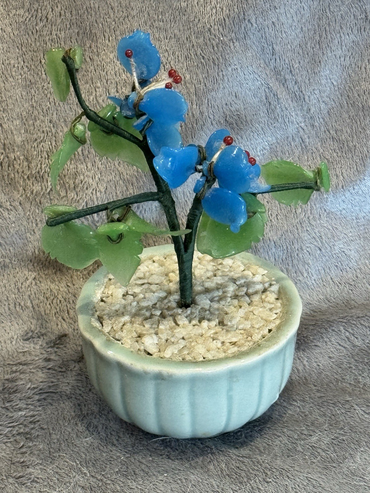 Small Jade Glass With Blue Flowers 4.5” Tall Celadon Pot Vintage