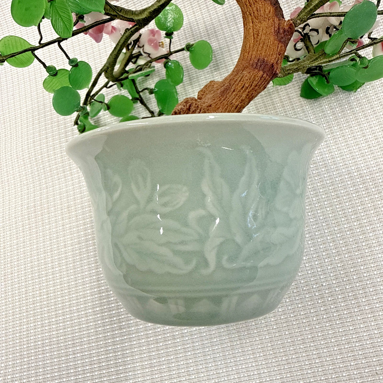 Vintage Chinese Bonsai Cherry Blossom Tree Green Jade-like Glass Leaves