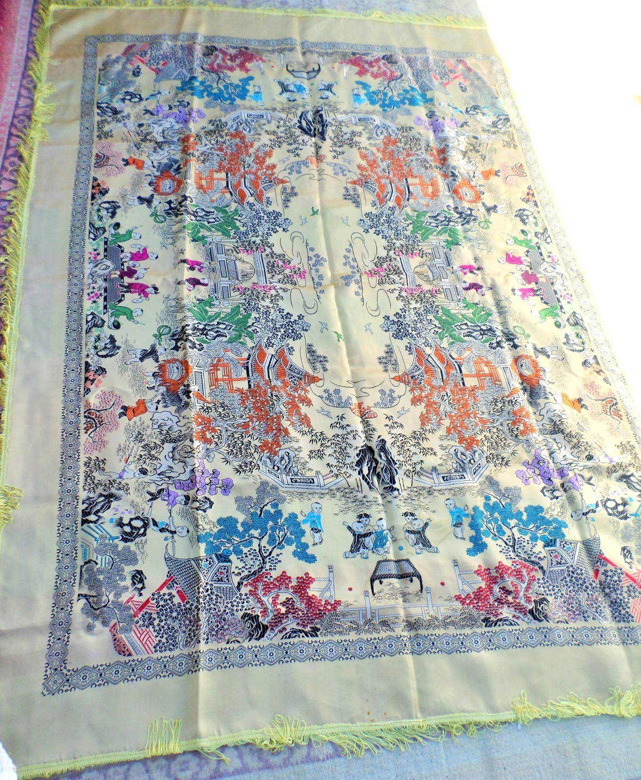VTG CHINESE SILK BROCADE TABLECLOTH PIANO SCARF ASIAN VILLAGE CELEBRATION 74X56
