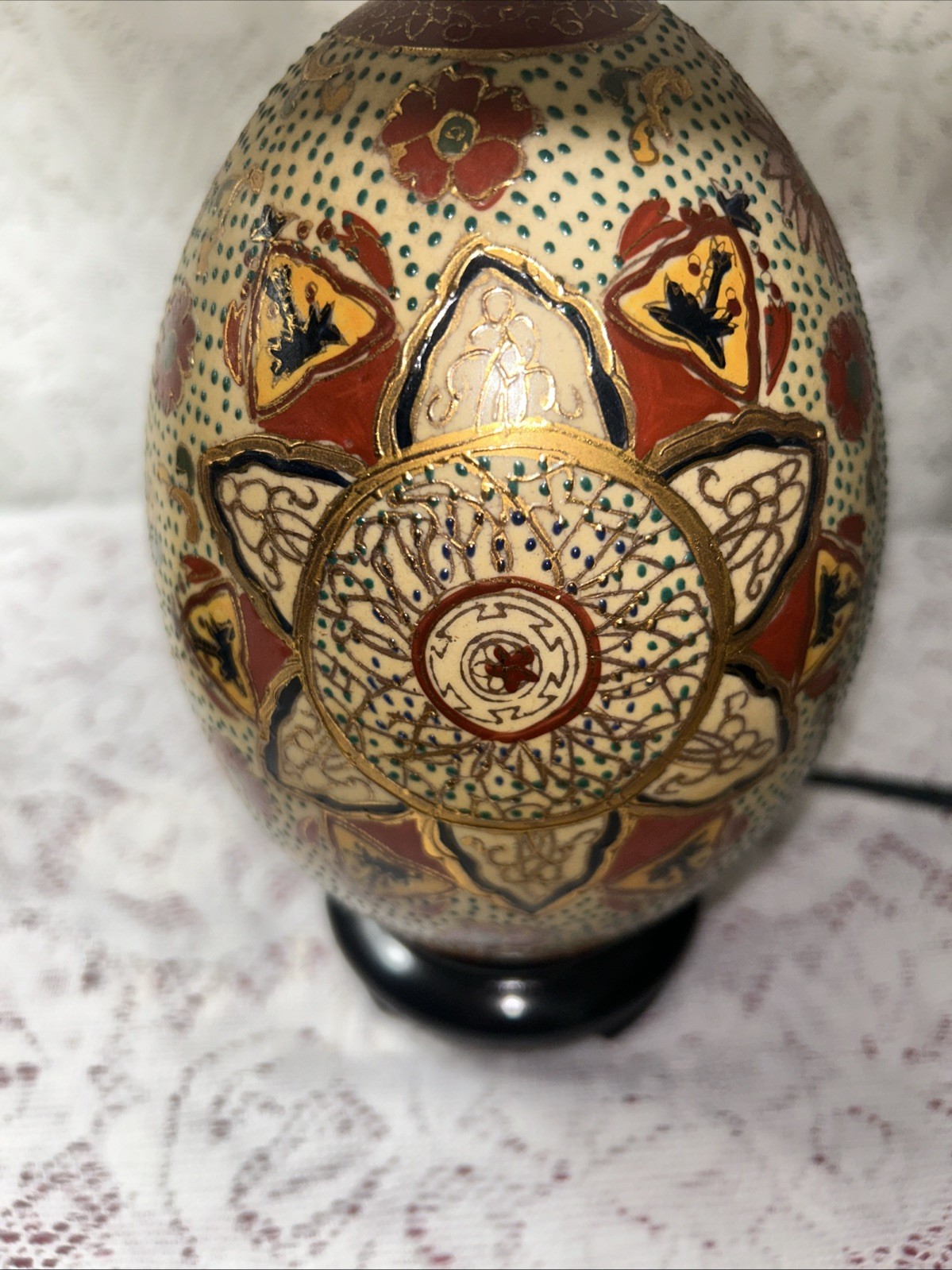 Vintage Chinese Cloisonné Ceramic Hand Painted Egg Lamps With Wood Stand