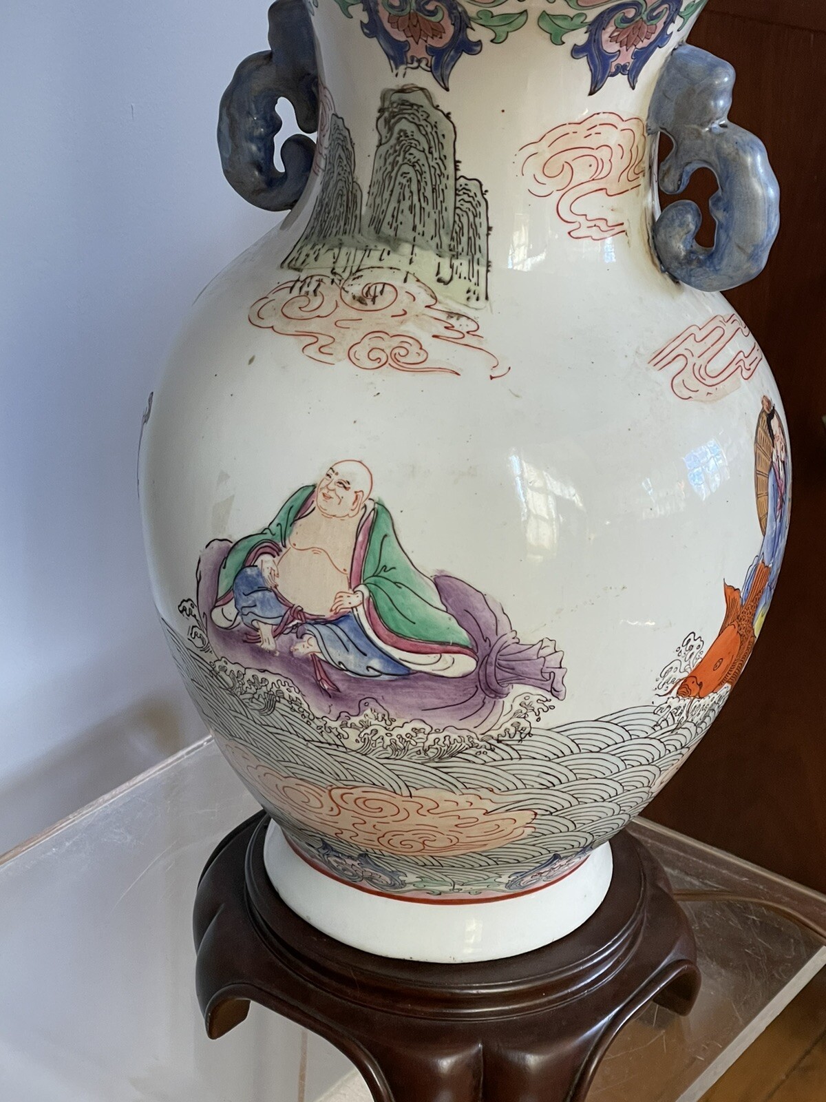 Large Vintage Chinese Porcelain Famille Rose Style Lamp Immortals Hand Painted