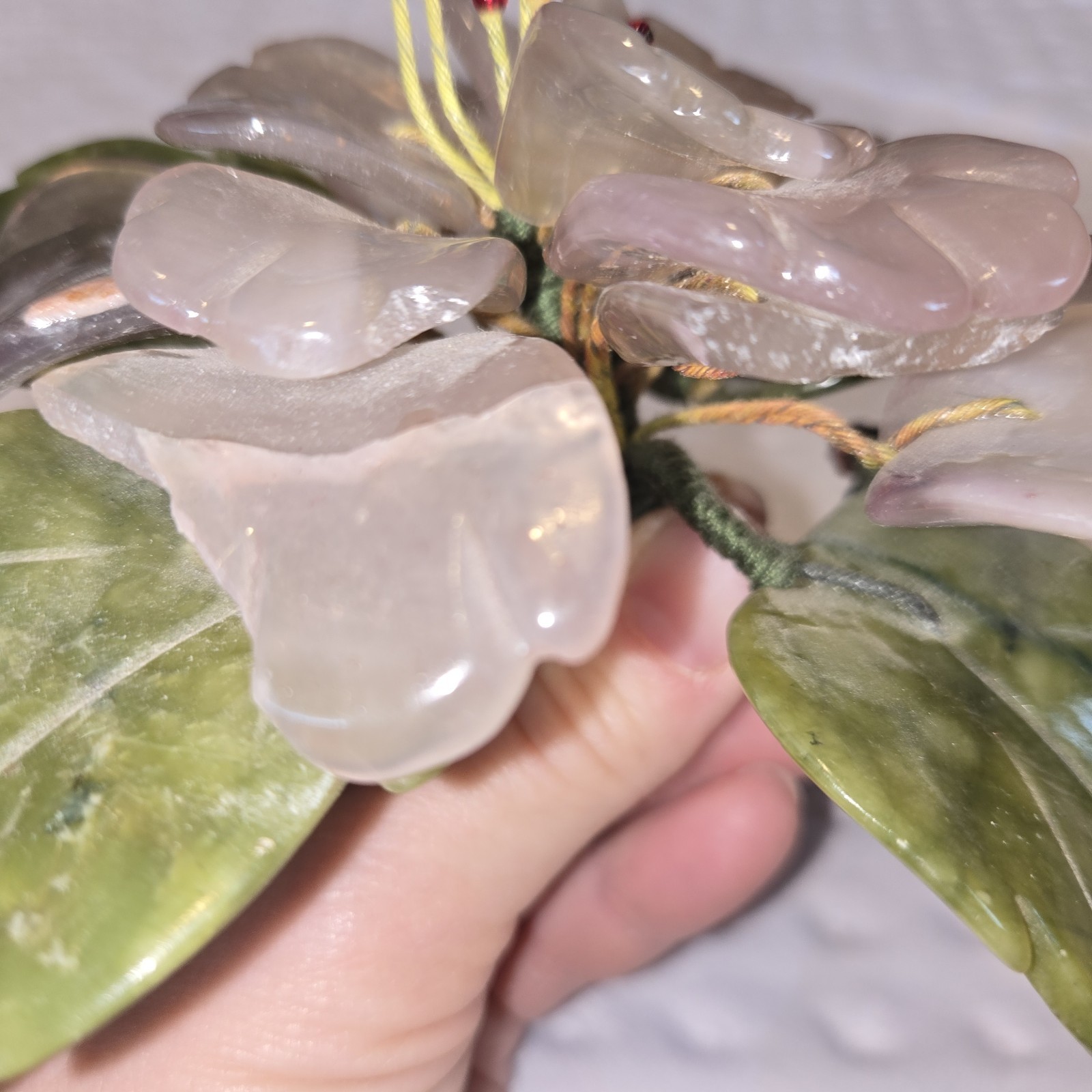Vintage Oriental Carved Jade & Amethyst Stone Flower
