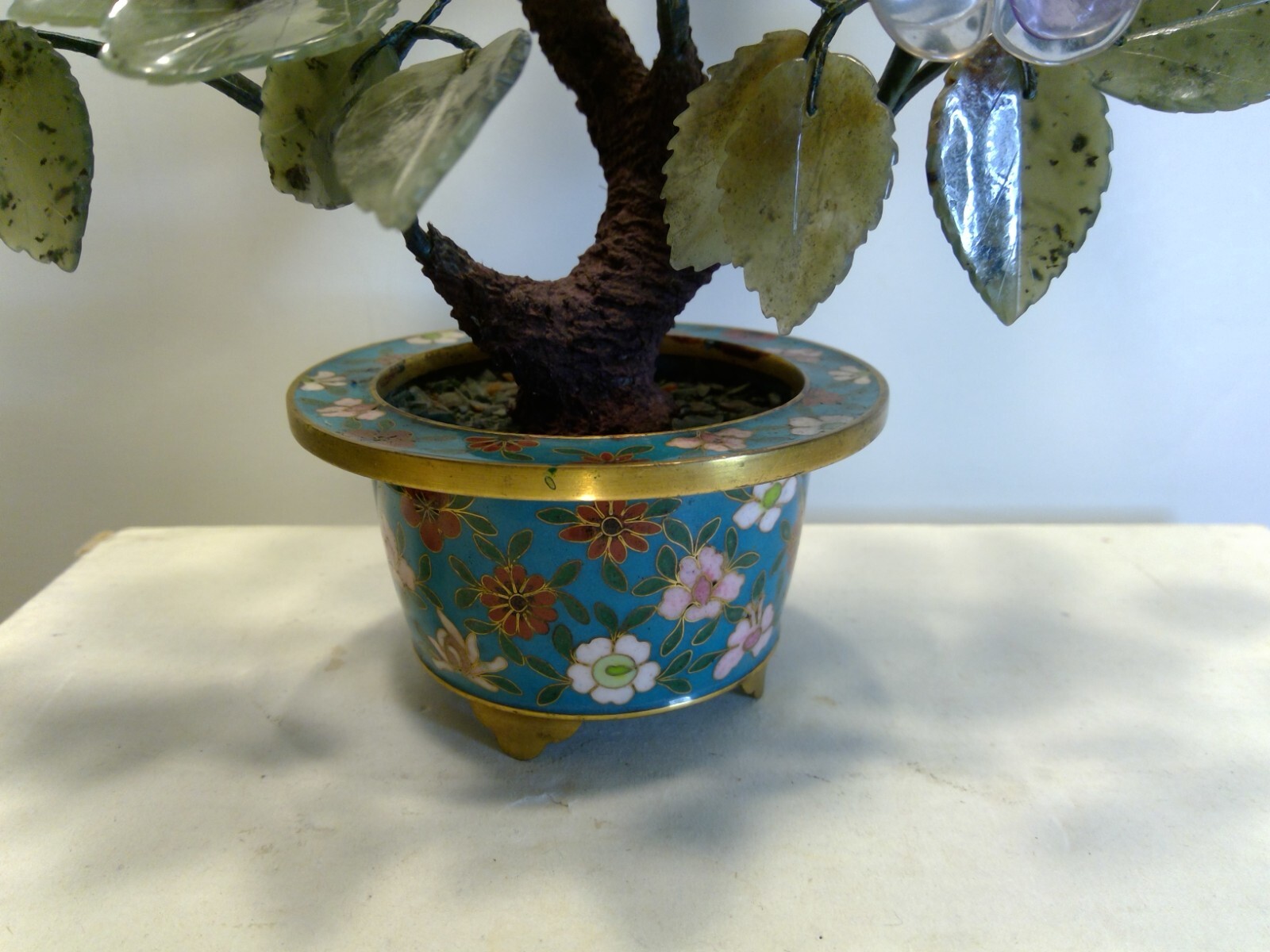 Vintage Chines Cloisonne Pot Bonsai Tree Craved Stone Flowers & Leaves 11″ Tall