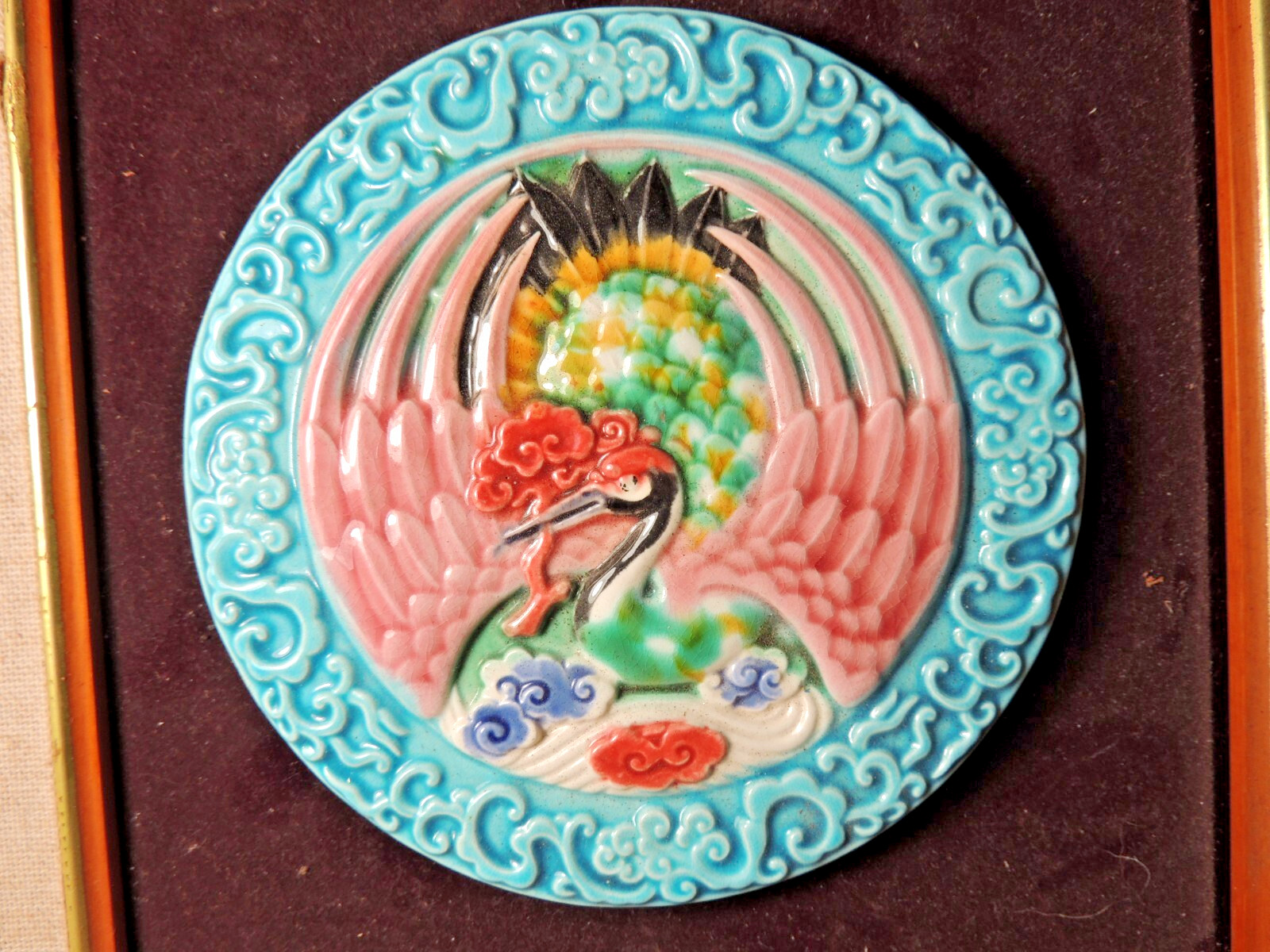 Vintage Chinese Porcelain Wall Plaque Crane Flowers Framed