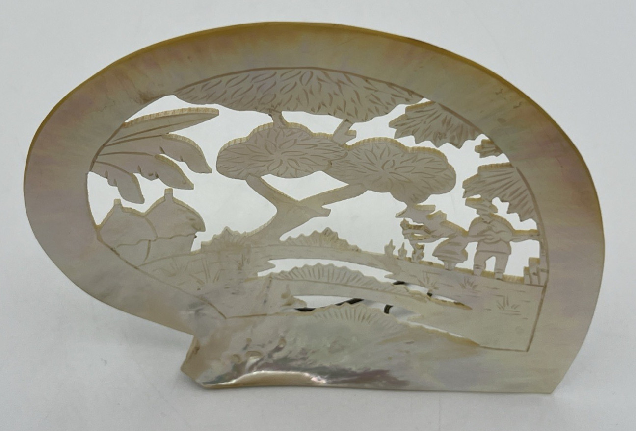 Carved Mother of Pearl Shell Asian Scene with Stand 6″ Tall