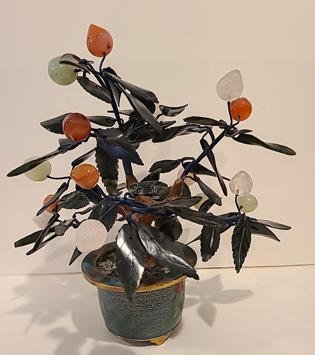 Jade Stone Bonsai Tree Cloisonne Pot Jade Quartz Peaches Cherries