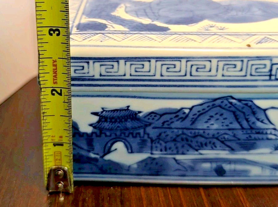 Chinese Blue & White Square Box w/Lid Porcelain Hand Painted Stamped. Qianlong?