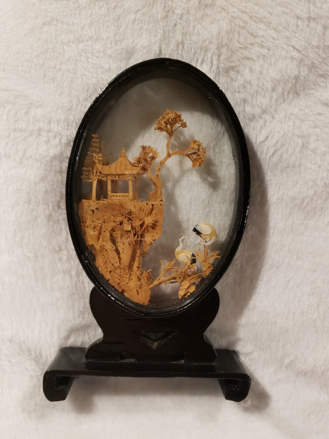 Vintage Hand Carved Cork Diorama Cranes Pagoda Trees Art, Glass Case