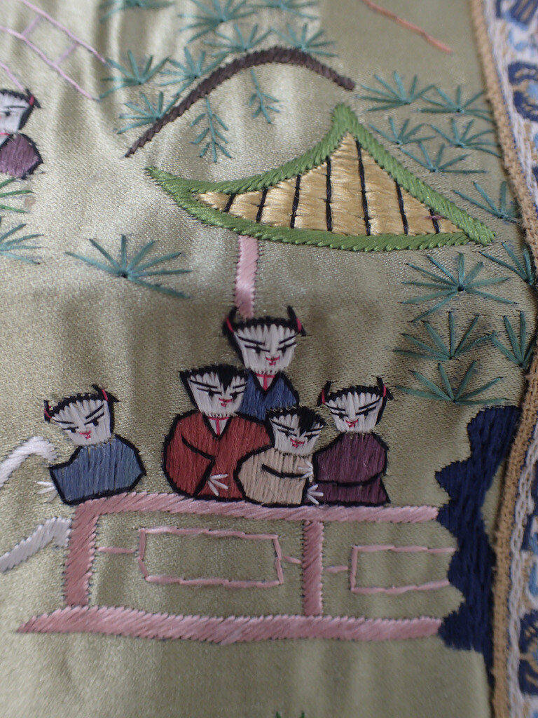 Vtg. Chinese Embroidered Silk Tapestry People & Activities 26″ x 13″ w/ Backing