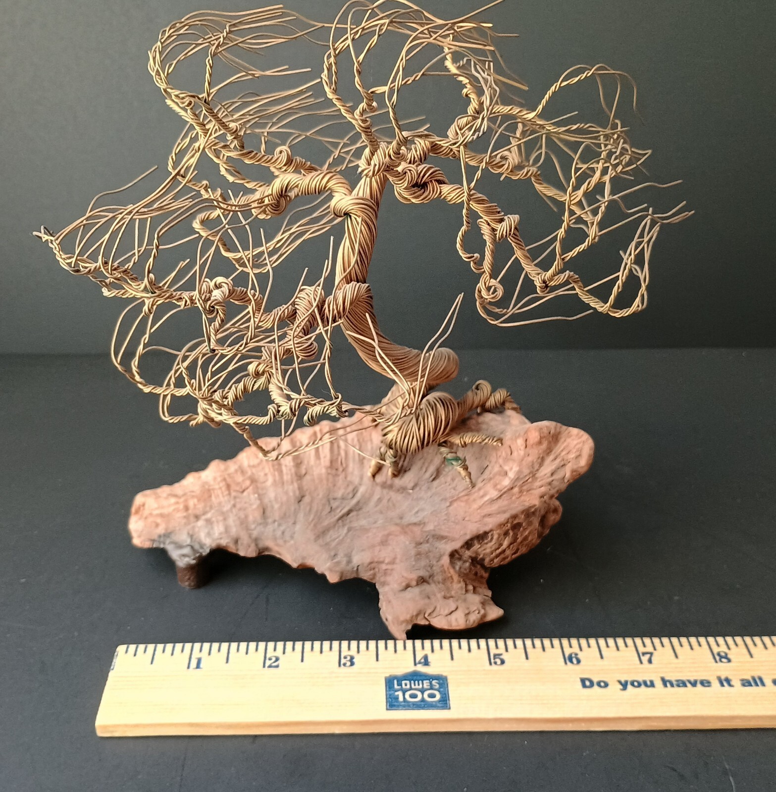 VTG Chinese Bonsai Tree Figurine, Brass on Wood, Unmarked, 8 1/2” L x 8” T