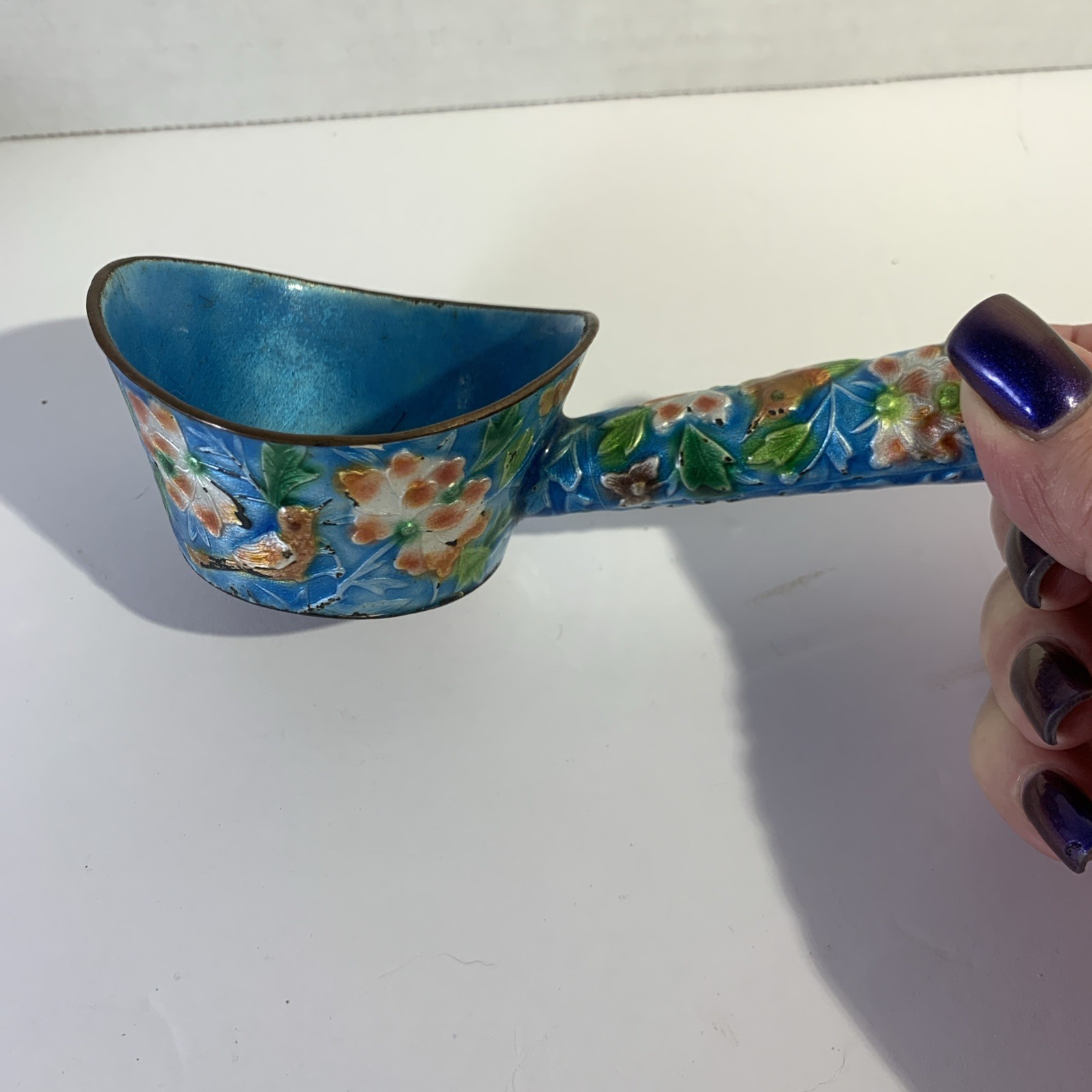 Antique Chinese Cloisonné Silk Iron Turquoise Bird Floral Dipper Scoop Qing Dyn