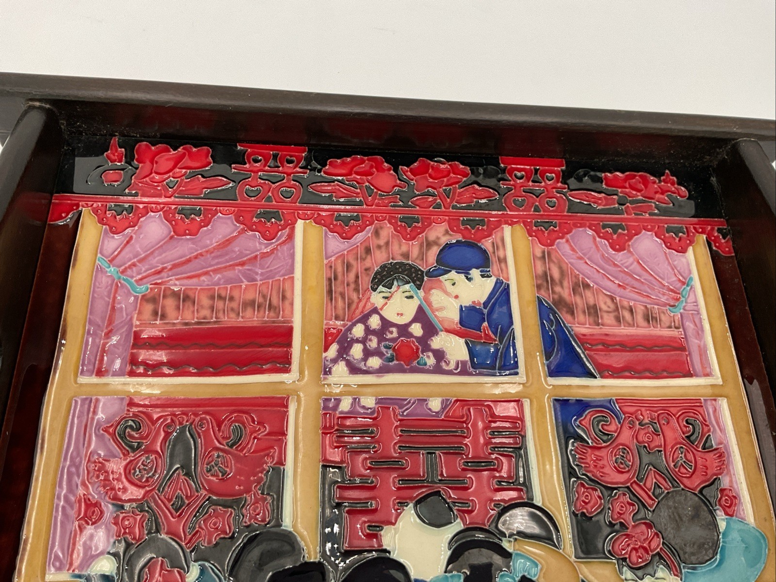 Decorative Serving Tray W/Ceramic Inlay Depicting Chinese Celebration