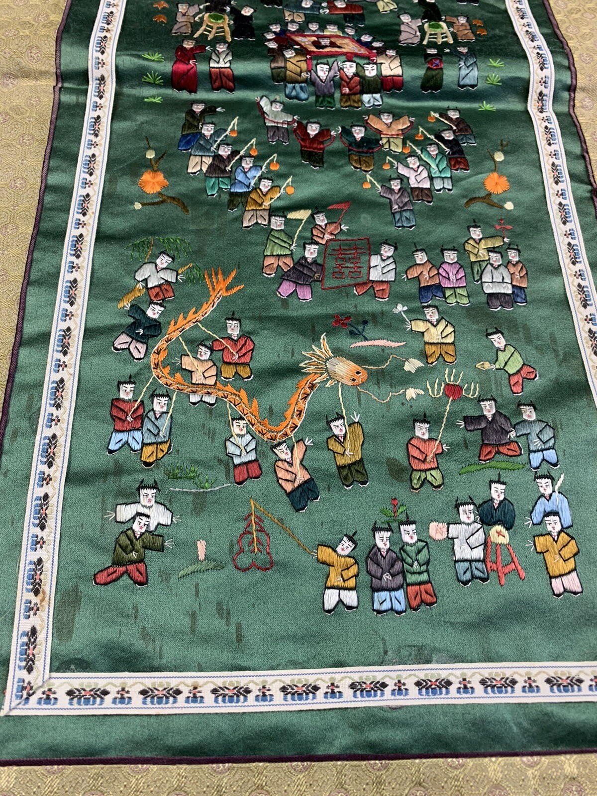 2 Vintage Chinese Hand Embroidered Silk Tapestry Wall Hanging Panels Children