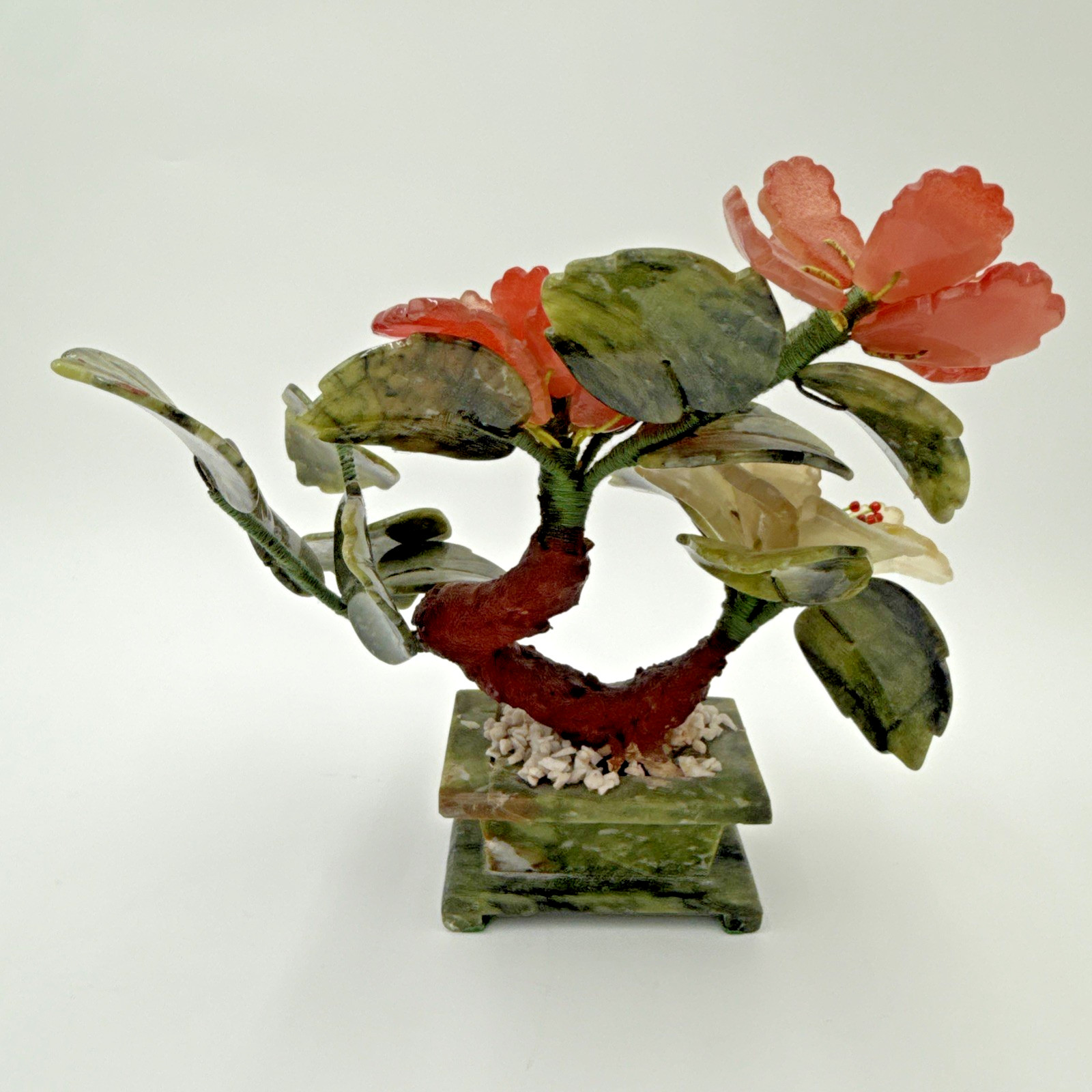 Vintage Chinese Jade Quartz Bonsai Tree Floral In Celadon Pot Carved Flower Tree