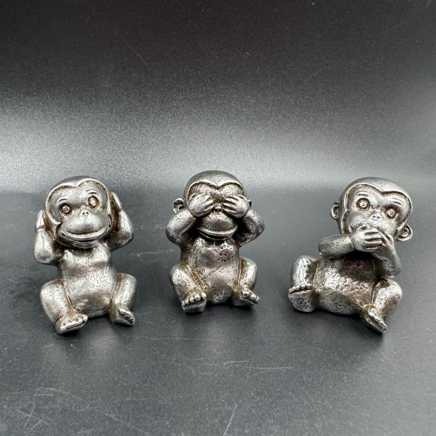 Set of 3 Metal Three Wise Monkeys Mini Statues Hear See Speak No Evil Desk Decor