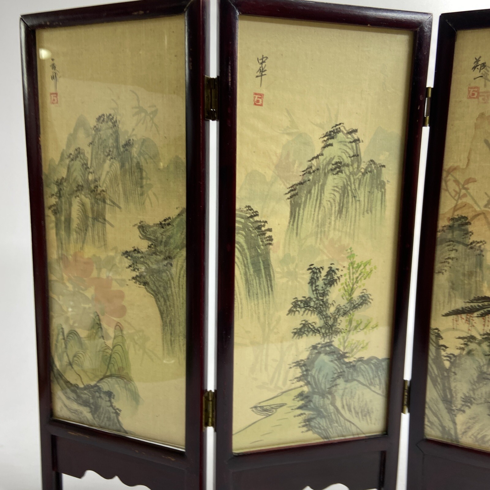 Vintage Chinese 4 Panel Folding Screen Hand Painted Silk 14.5 x 22 Chinoiserie