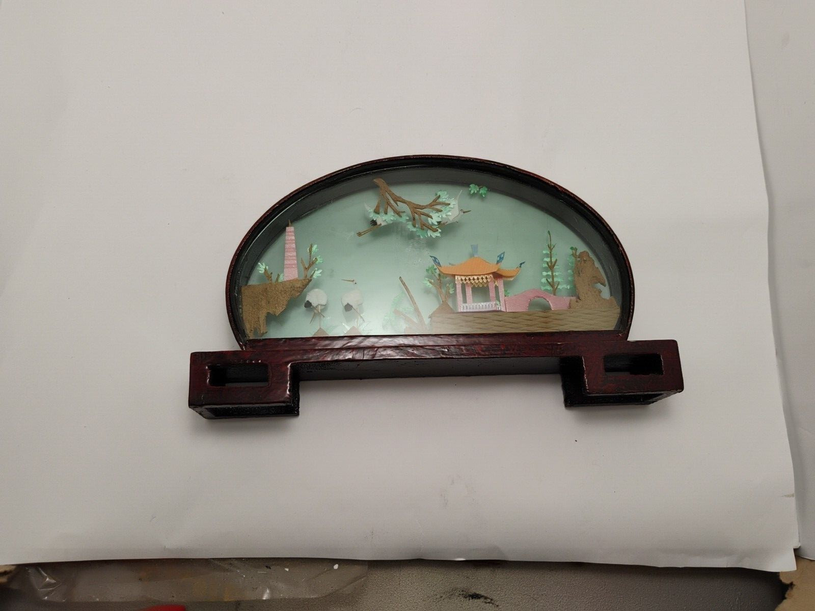 Vintage Chinese Cork Art HAND MADE Oval Lacquered Wood Glass 14×2″ Beautiful