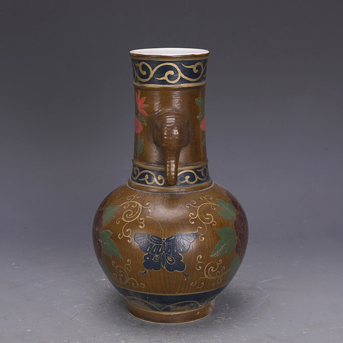 9″ Chinese Old Lacquer Glaze Porcelain Colour Decoration Elephant Ear Vase