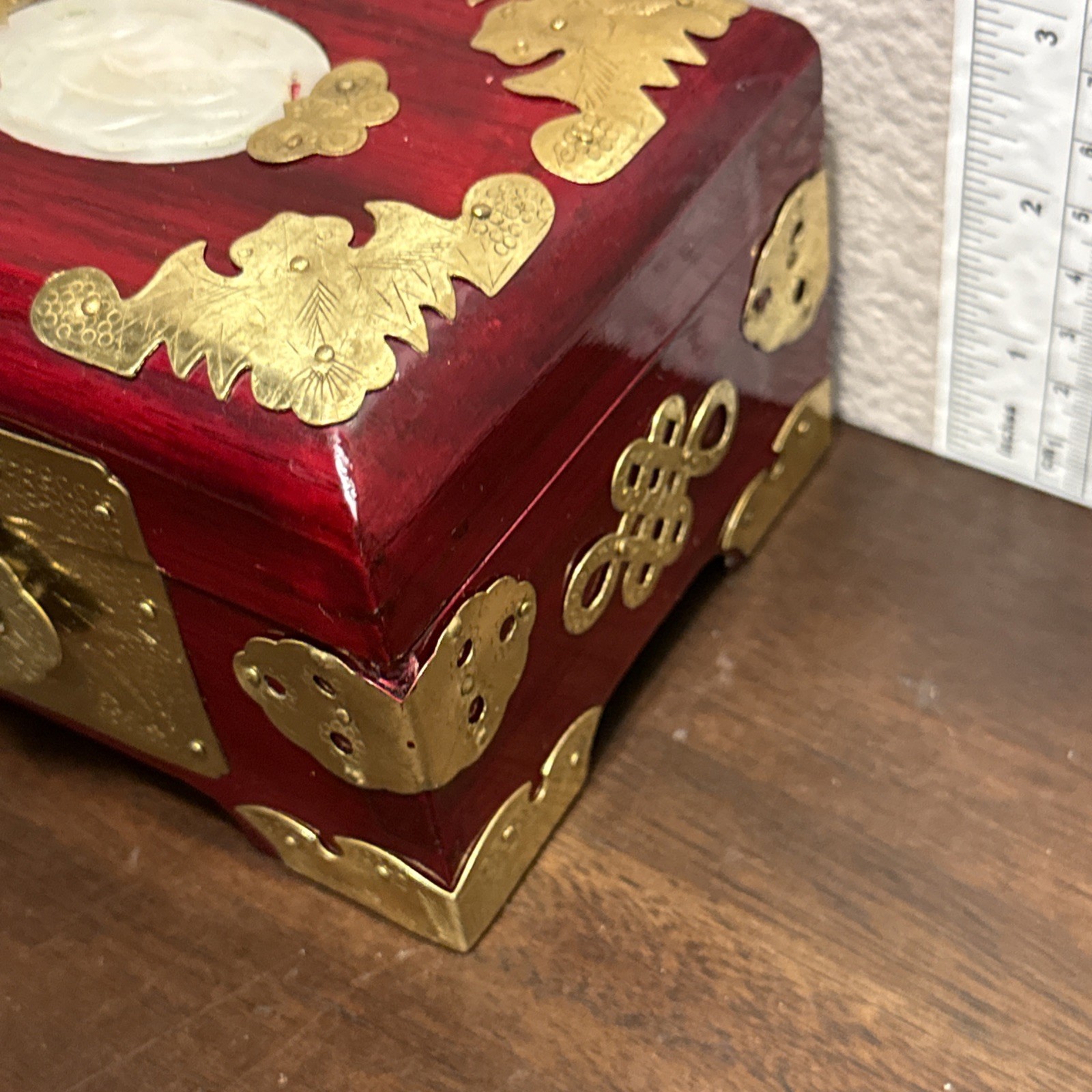 Antique Chinese White Jade & Brass Fittings Wood Jewelry Box Red Lining u-11D