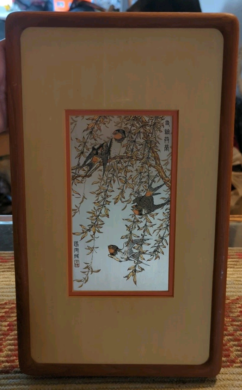 Vintage Chinese 24K / Copper Etching Swallows Springtime Willow Zhang Shou-Cheng