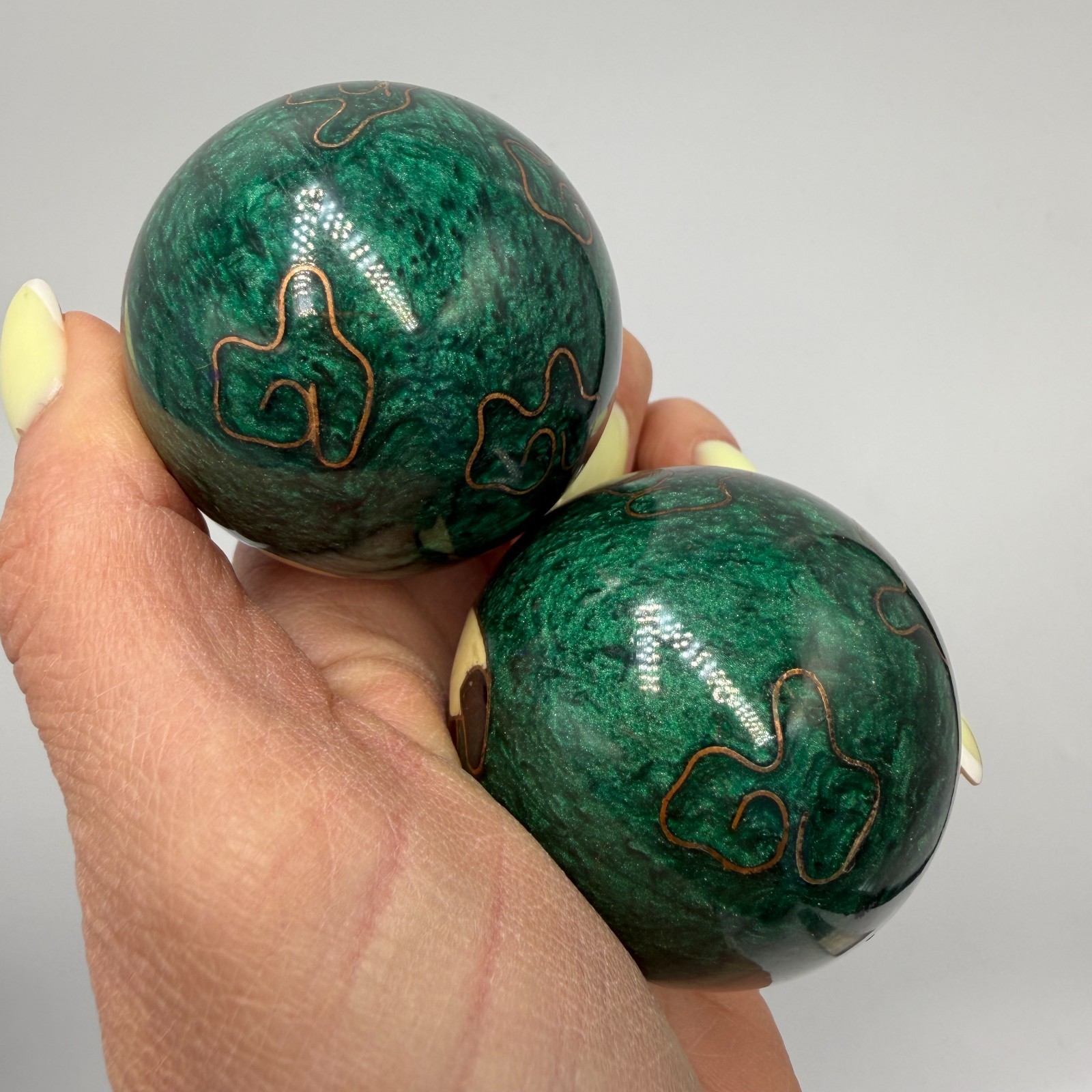 Vintage Chinese Baoding Balls Panda Bamboo Enamel Steel Set Box Asian Decor
