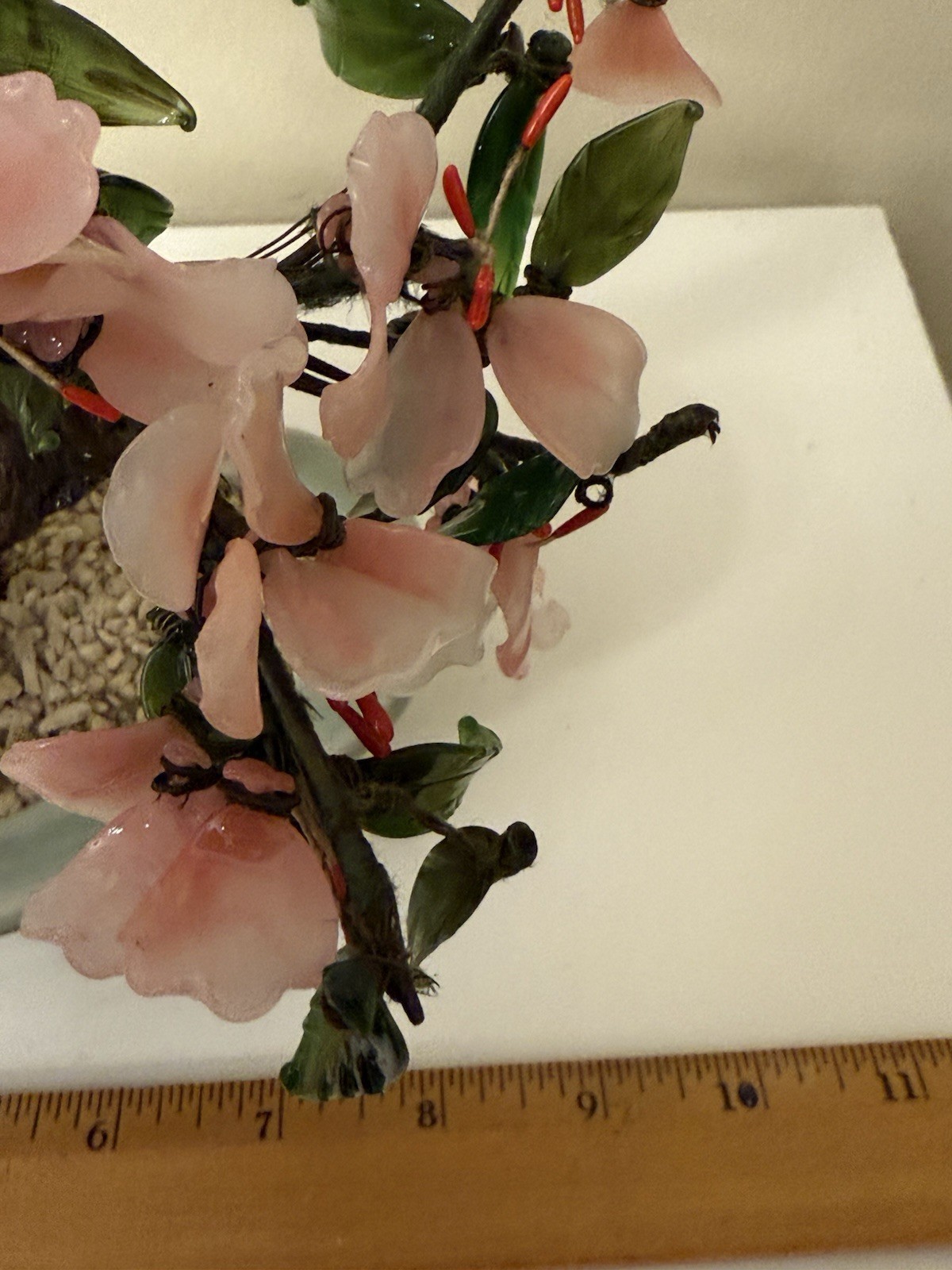 Vtg Asian Jade Glass Flowering Pink Cherry Blossom Bonsai Tree Ceramic Pot 8×9”