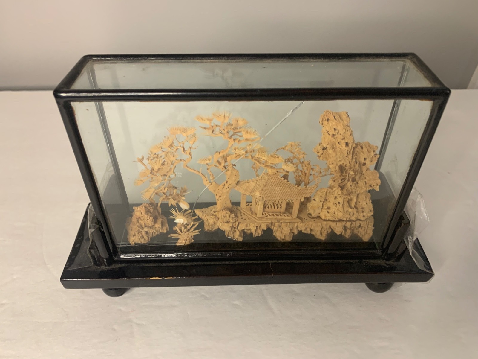Vintage Asian Cork Diorama Art Pagoda Trees Hand Carved Glass Frame- See Details