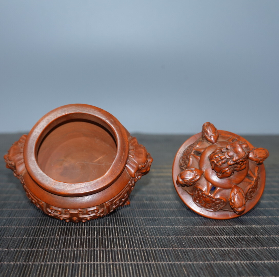 4″ Collect China Box-wood Carving Animal Foo Fu Dog Guardion Lion Incense Burner