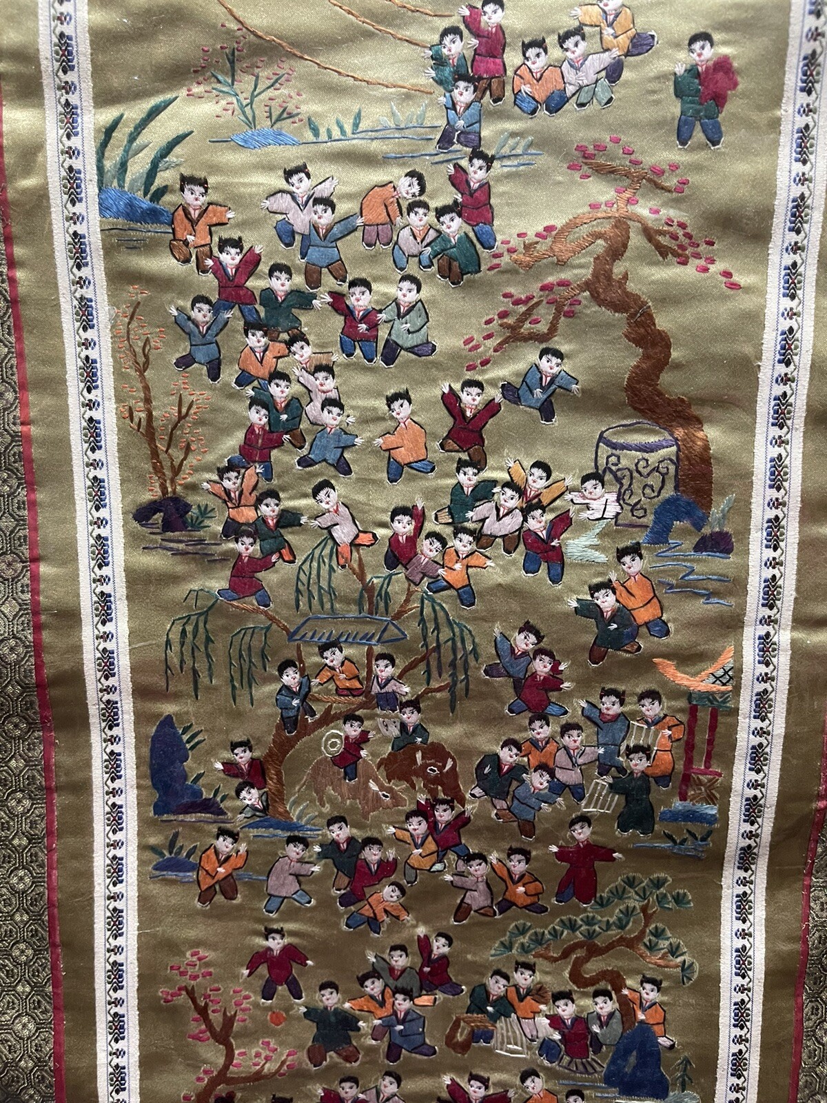 Chinese Silk Needlepoint Textile Tapestry Panel 100 One Hundred Happy Children
