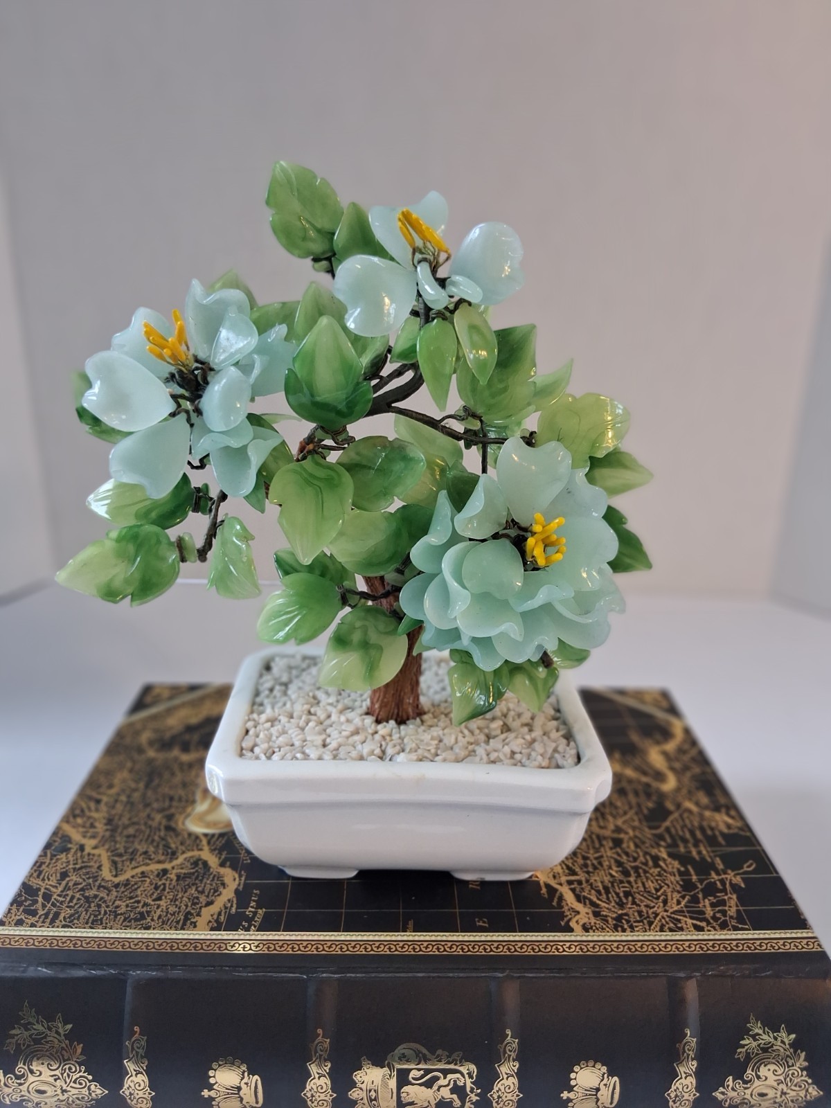 Vtg 1980’s Aqua Blue Peking Glass Blossomed & Jade-Stone Leaf Bonsai Tree; EUC!