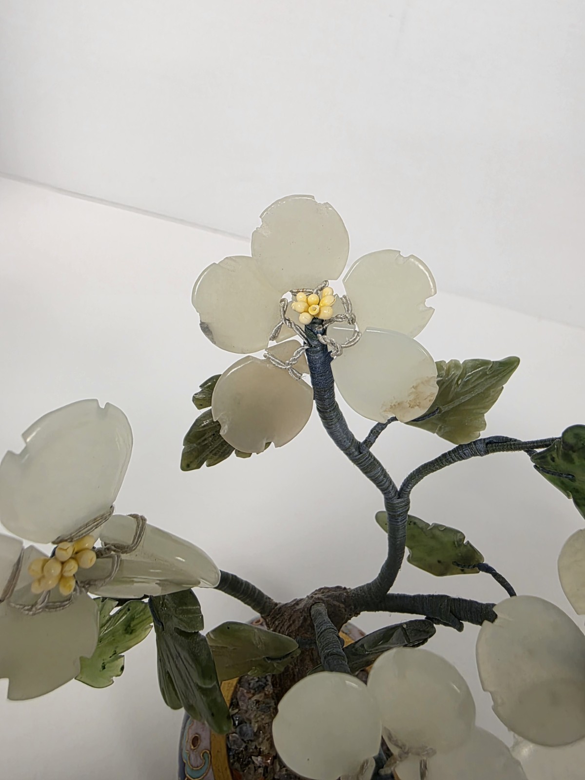 Asian Bonsai Tree Blossom Cloisonne Floral Pot White And Green Stone Jade?
