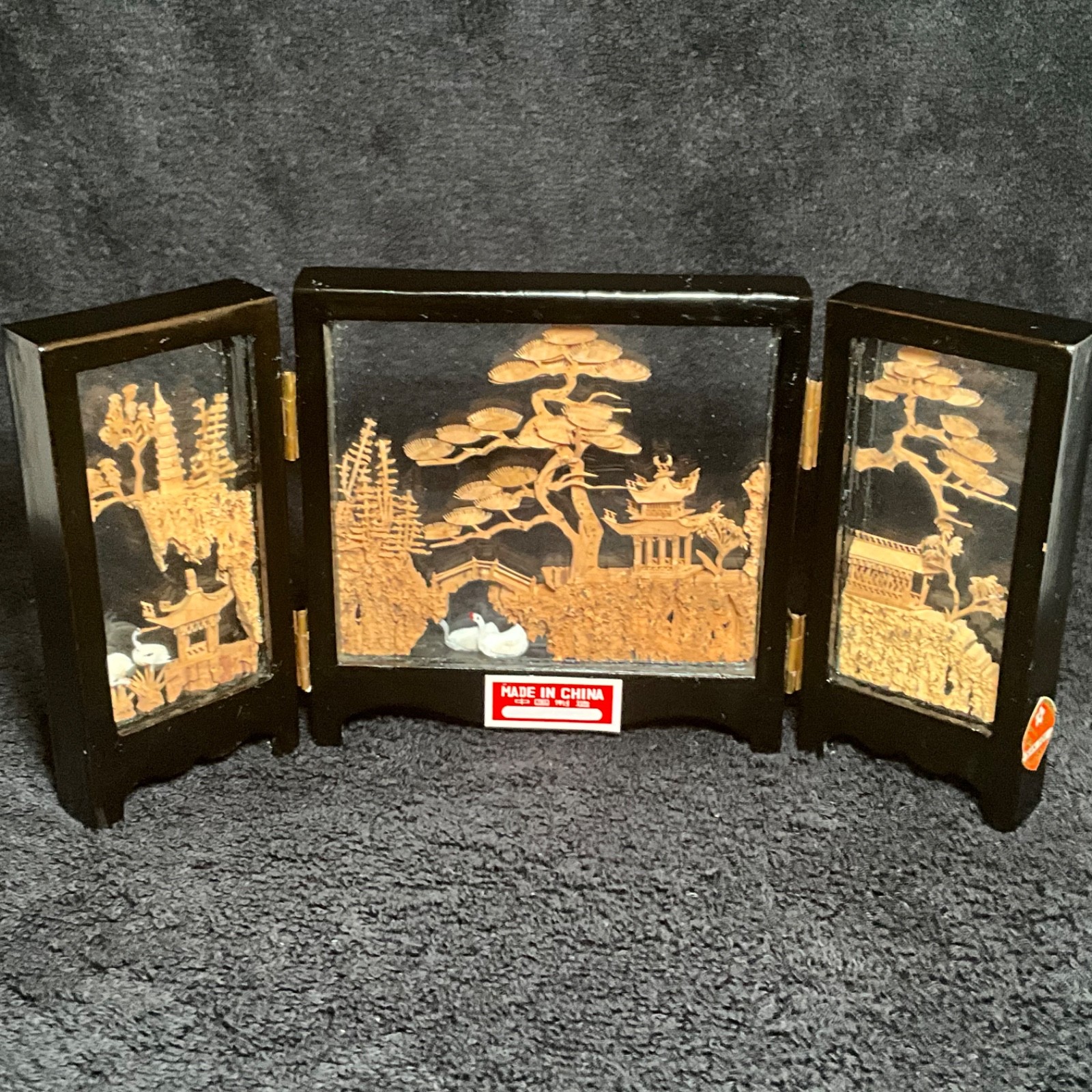 2x-VTG SAN YOU Tri-Fold Oriental Hand Carved Cork Pagoda Diorama w Cranes