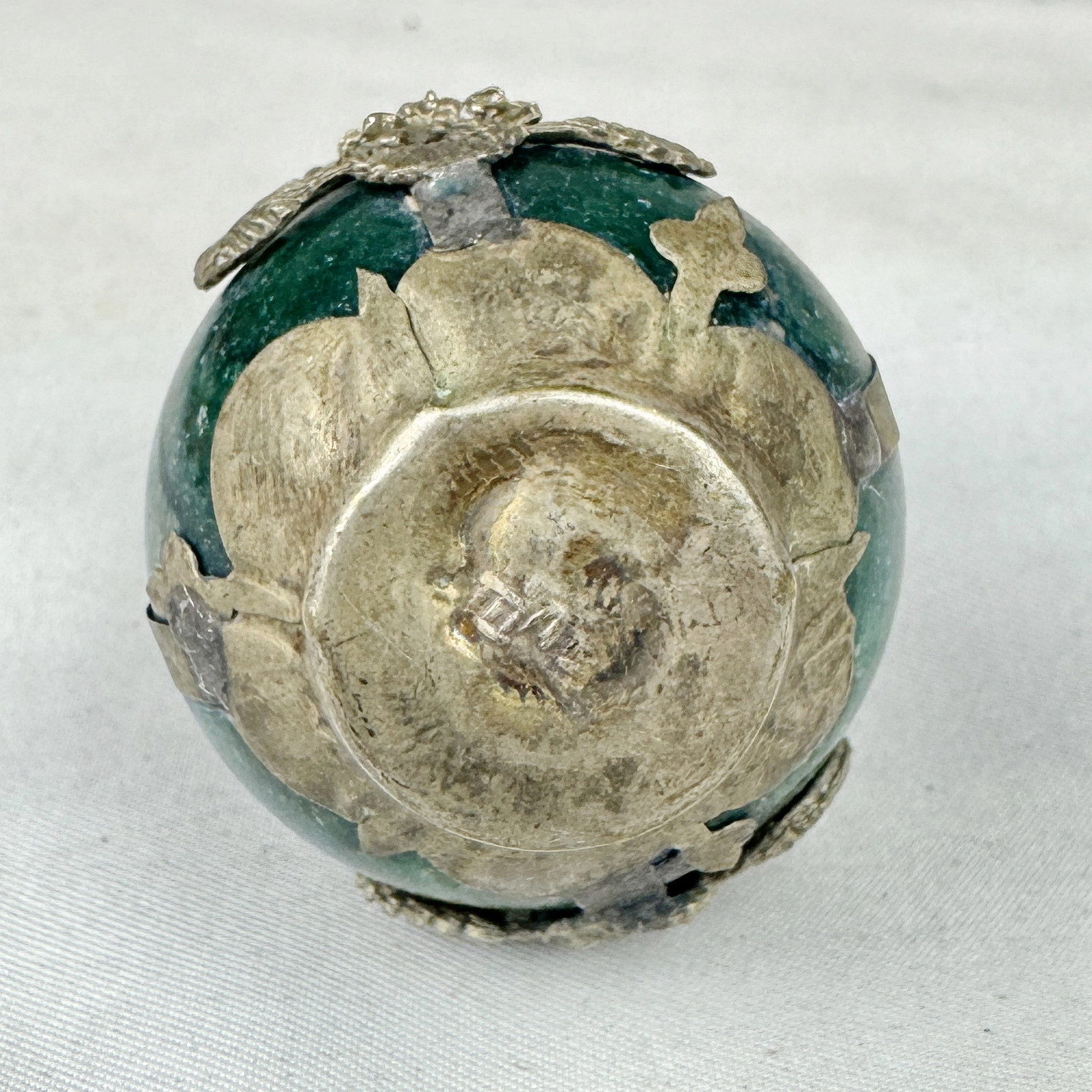 Vintage Chinese Zodiac PIG Green Marble Orb, Pewter/Tin Finial, Dragon Motif