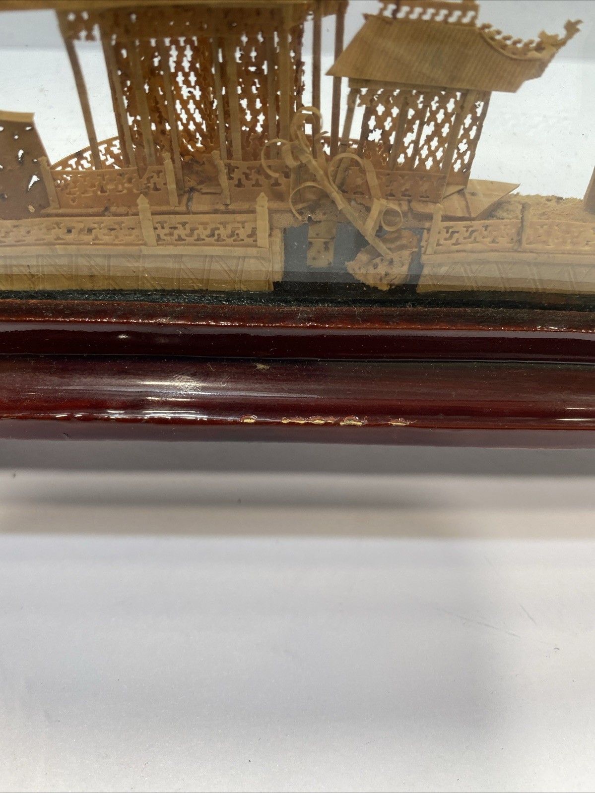 Vtg Chinese Oriental Cork Art 3D Diorama Red Lacquer Frame Pagoda Cranes