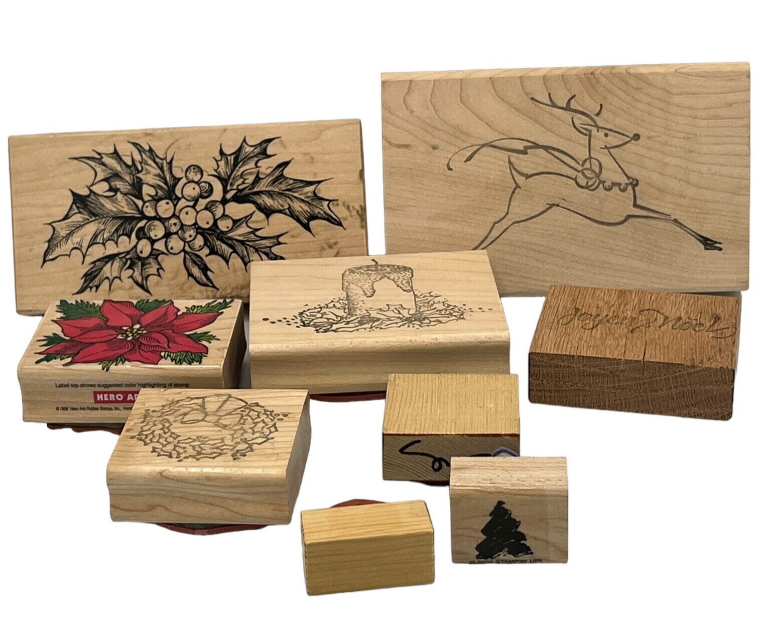LOT 9 Christmas Themed Rubber Stamps 3 Branded 6 Unbranded Tree Reindeer Holly