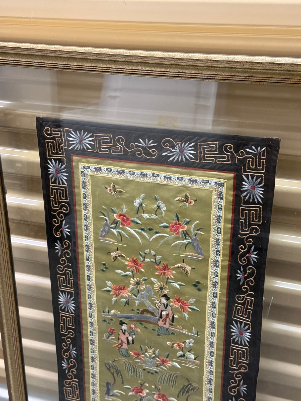 Vintage 1960s Set of 2 Chinese Silk Hand Embroidered Tapestry in Frame-Dun Huang