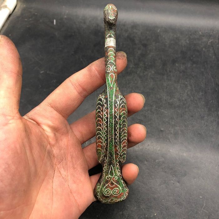 Antique Qin Han Dynasty Bronze Belt Hook with Gold Silver Inlay Replica Decor