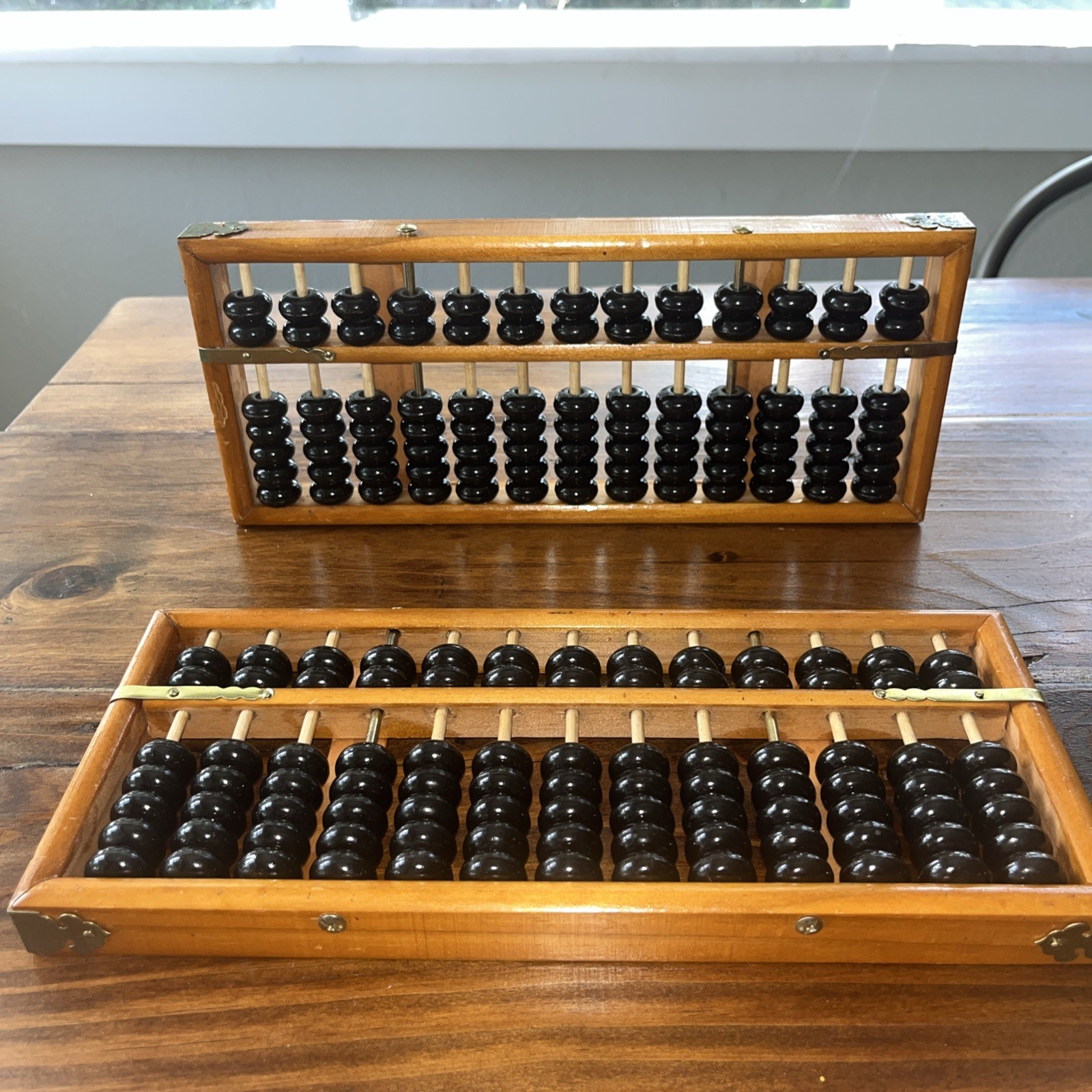 Chinese Abacus 13 Rods 91 Beads Brown Wood Black beads set of 2