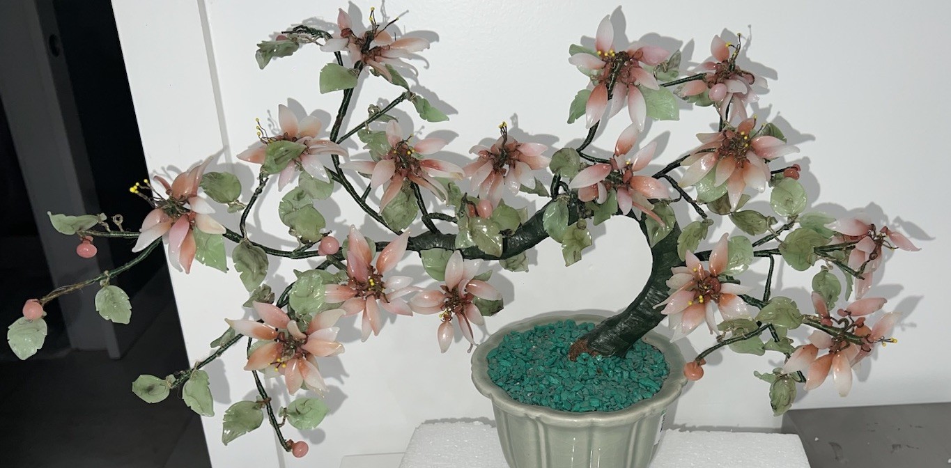 (…-6)Jade Like Flower Pink Glass Asian Bonsai Tree Leaves Missing And Damage.