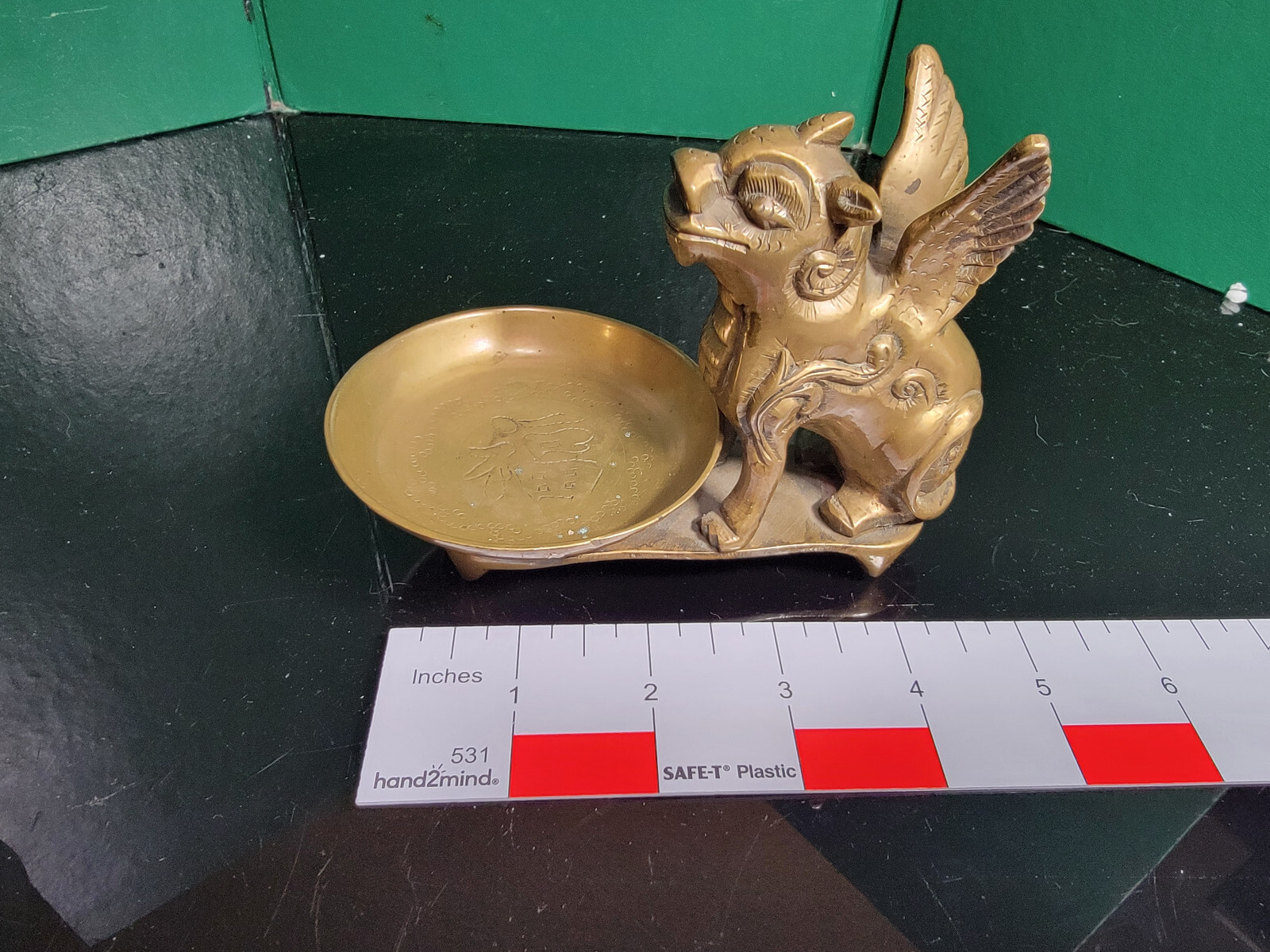 Vintage Chinese China Brass Winged Gargoyle Griffen Foo Dog Incense Burner Bowl