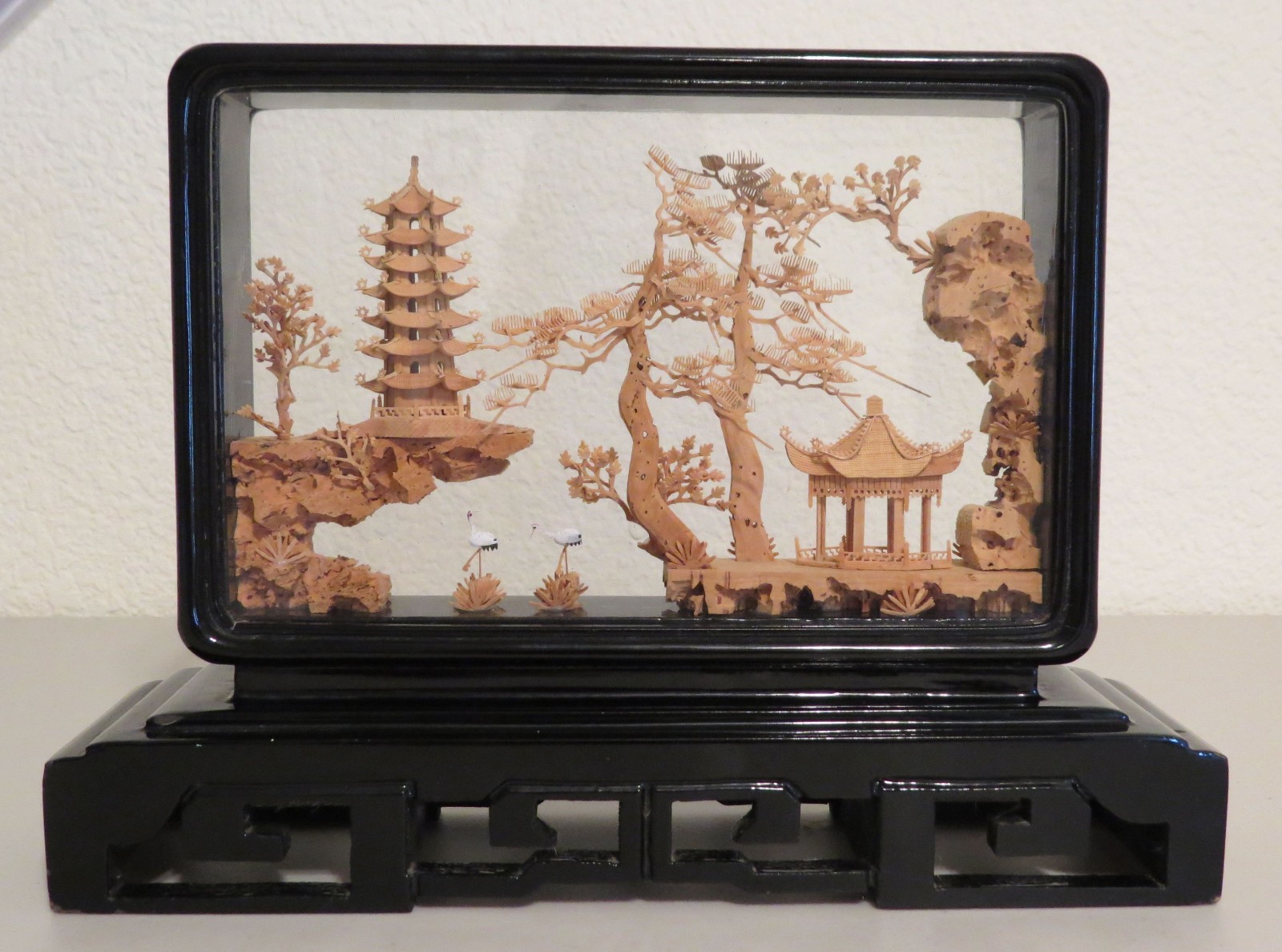 Asian Cork Diorama Pagoda Cranes Temple Trees 11 x 7.5