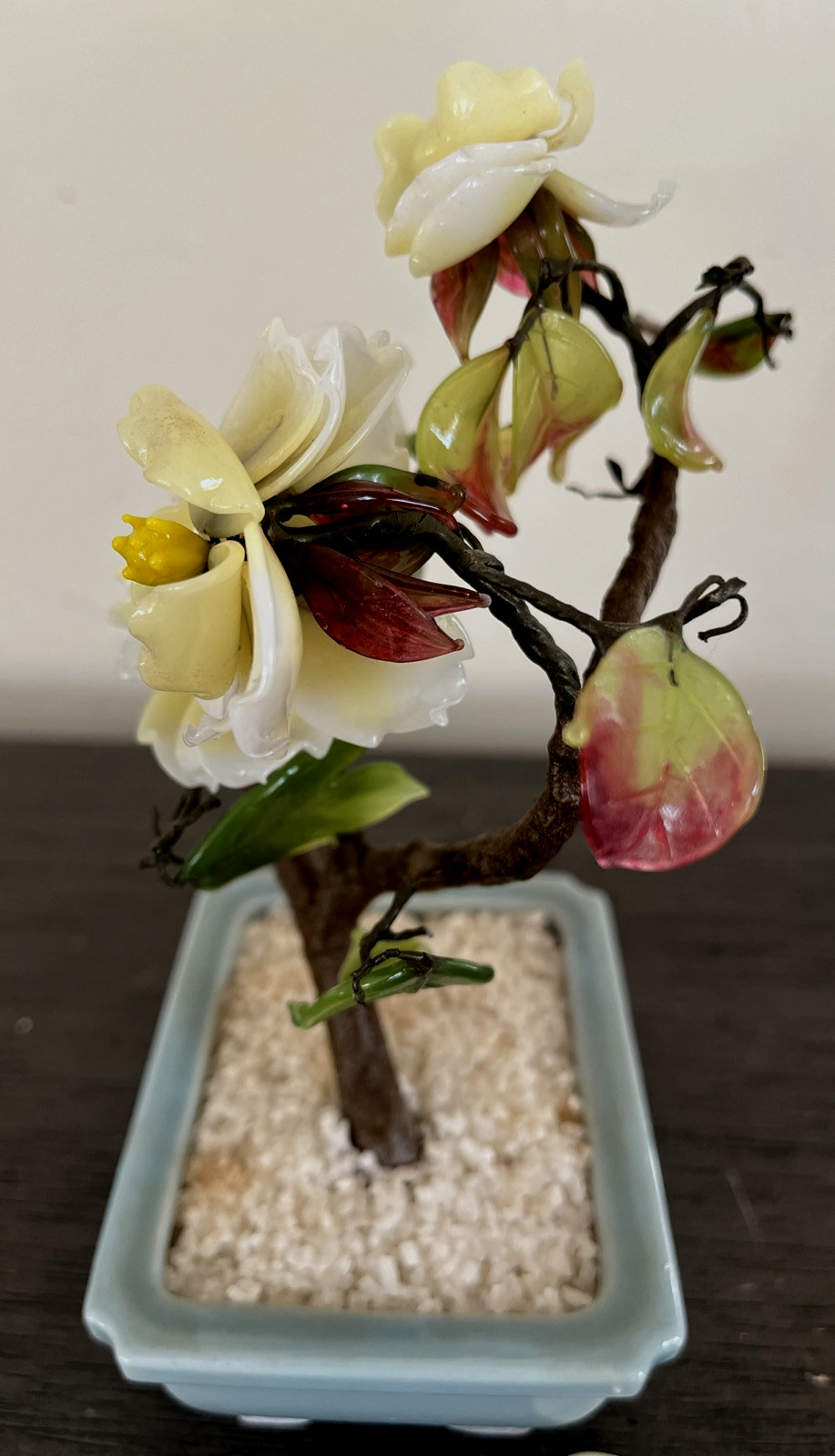 Vintage CHINESE JADE GLASS BONSAI TREE 7″ Damaged CELADON POT Made In Japan