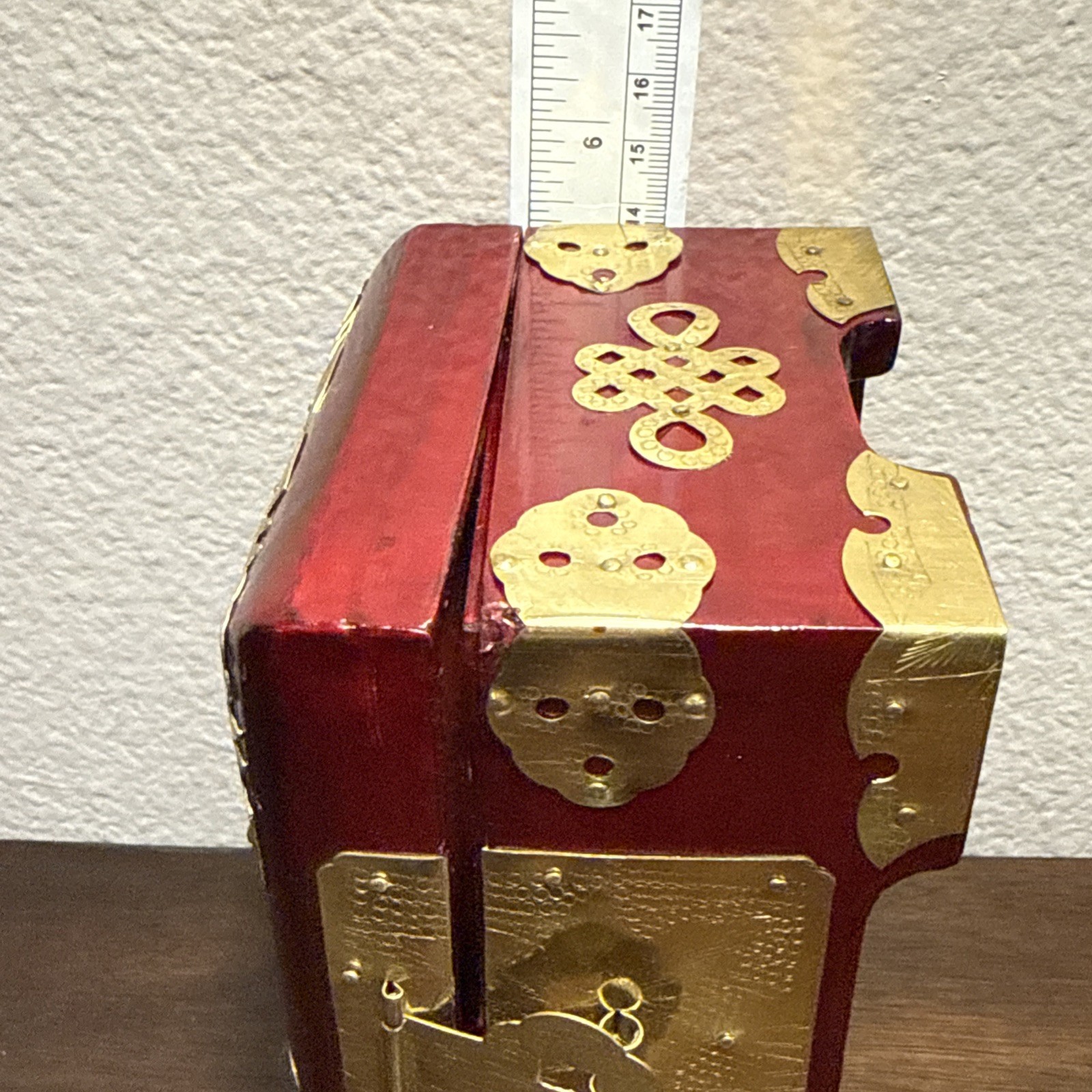 Antique Chinese White Jade & Brass Fittings Wood Jewelry Box Red Lining u-11D