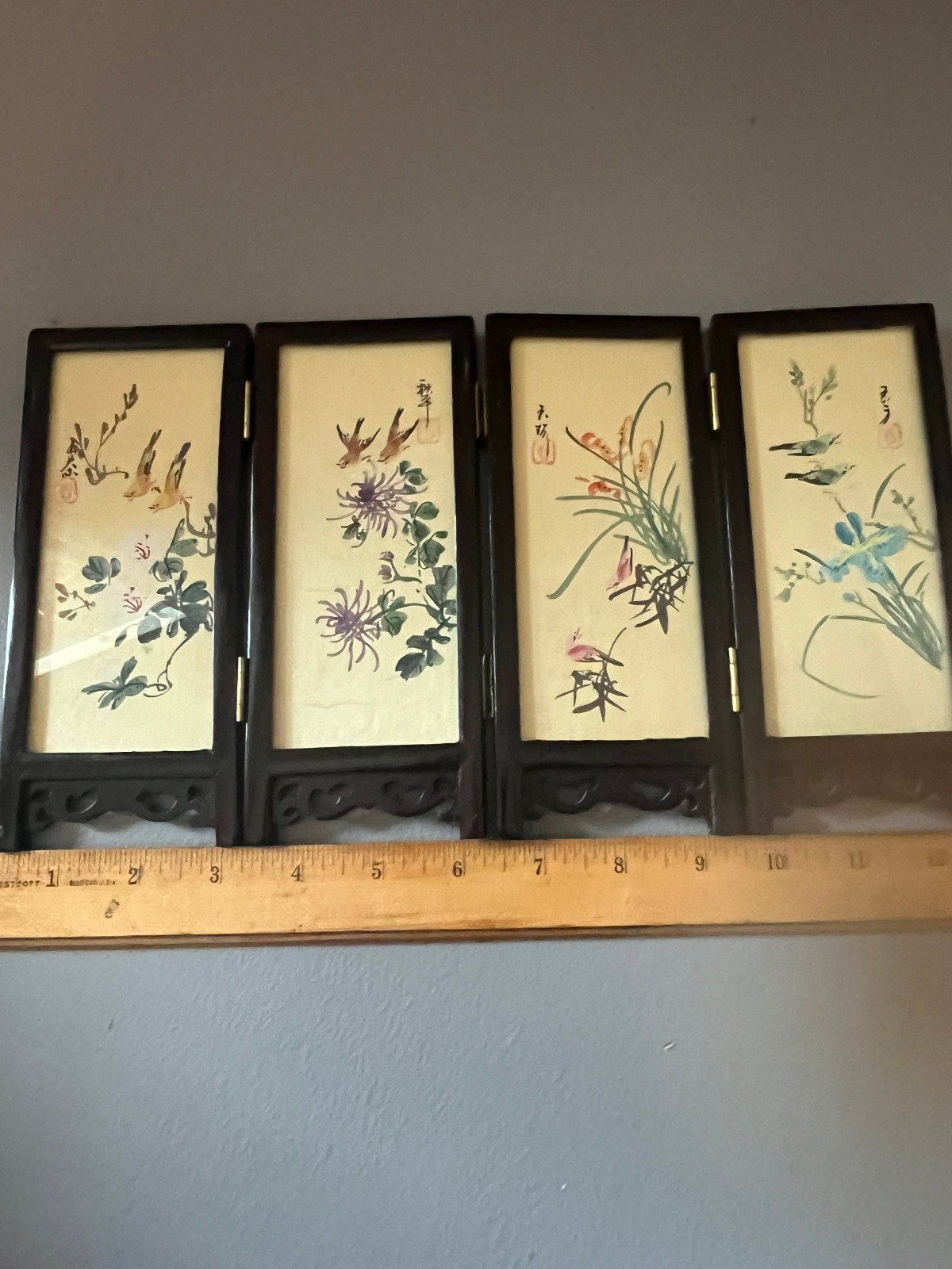 Vintage mini table top chinese 2 sided hand painted screens pannel wood/glass