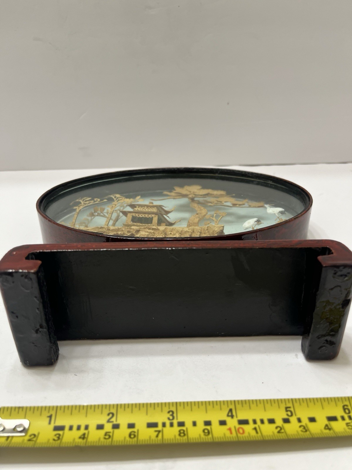 Vintage Chinese Hand Carved 3D Cork Diorama Framed Trees Pagoda Silk Crane 8×8”