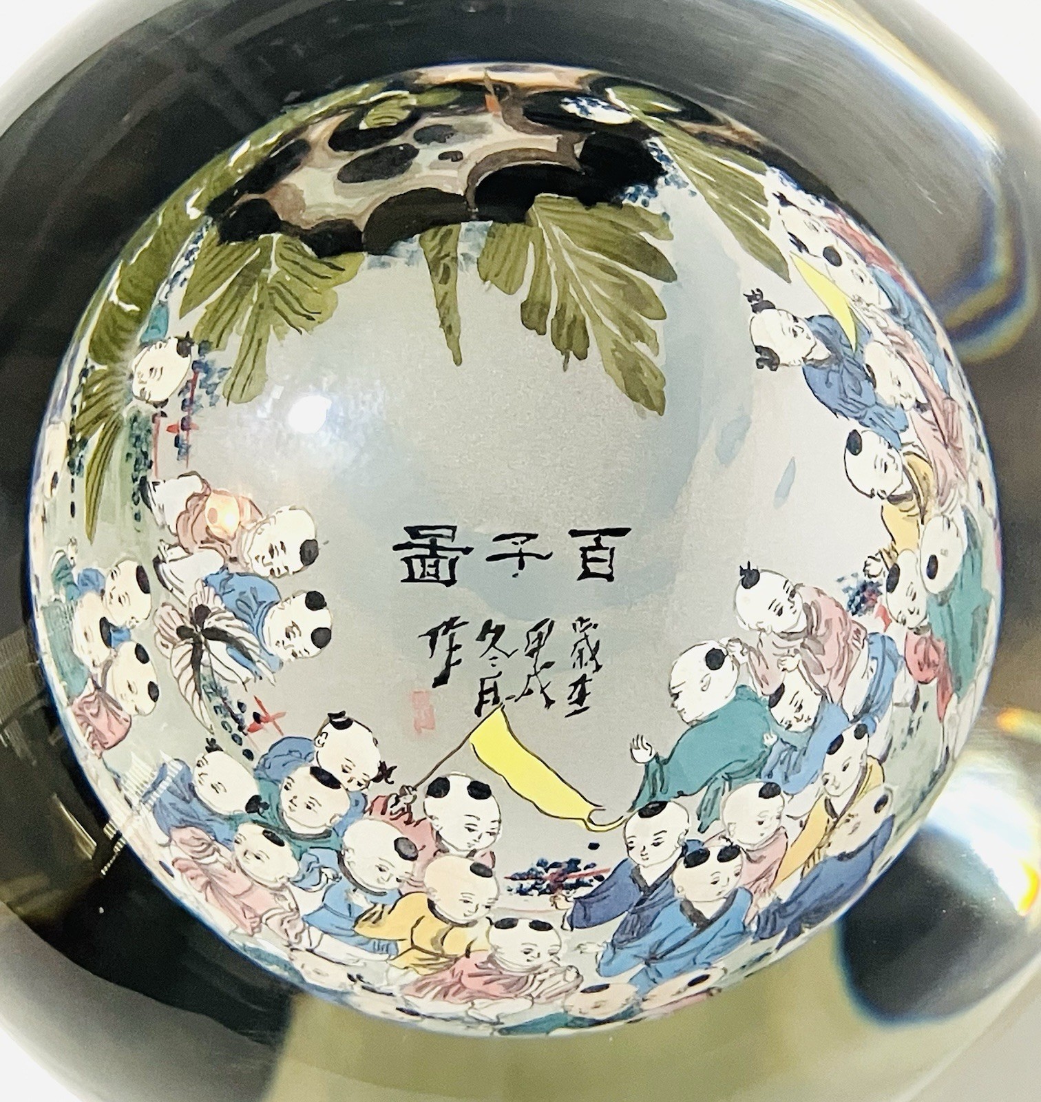 Chinese Reverse Hand Painted Glass Ball Wood Base Hundred Children Playing Motif