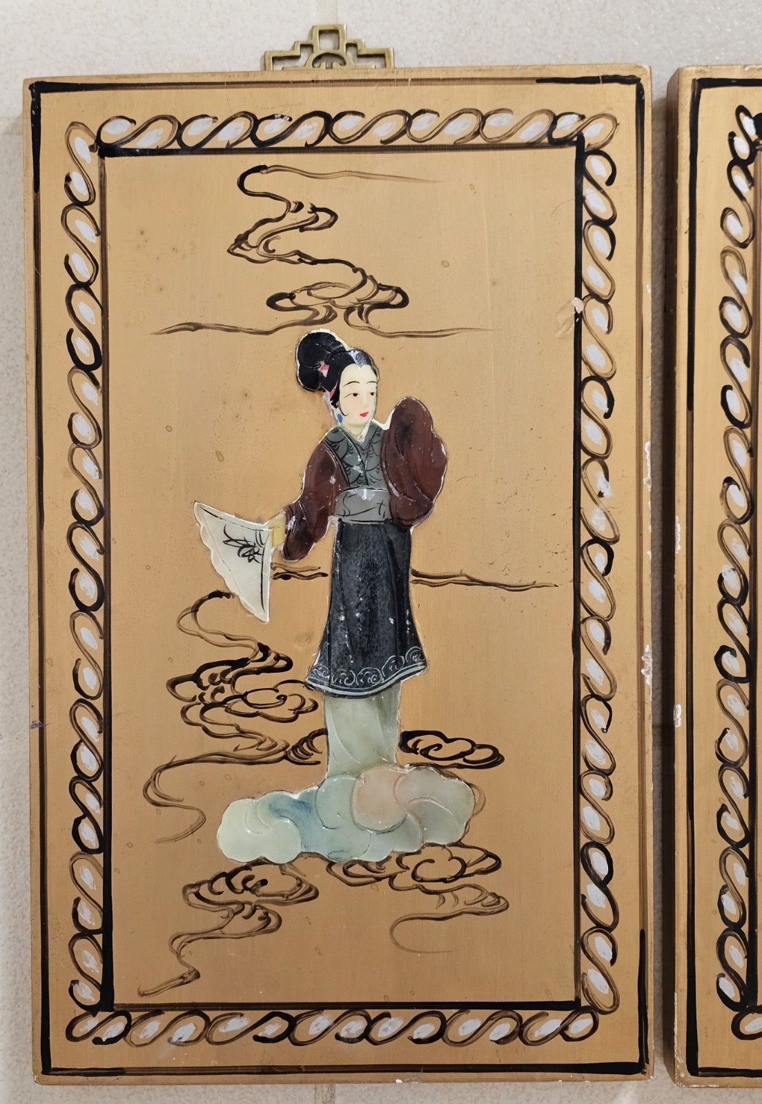 3 Painted Wood ASIAN ART PANELS Inlaid Stone 3D Geisha Figures Chinese VTG Decor