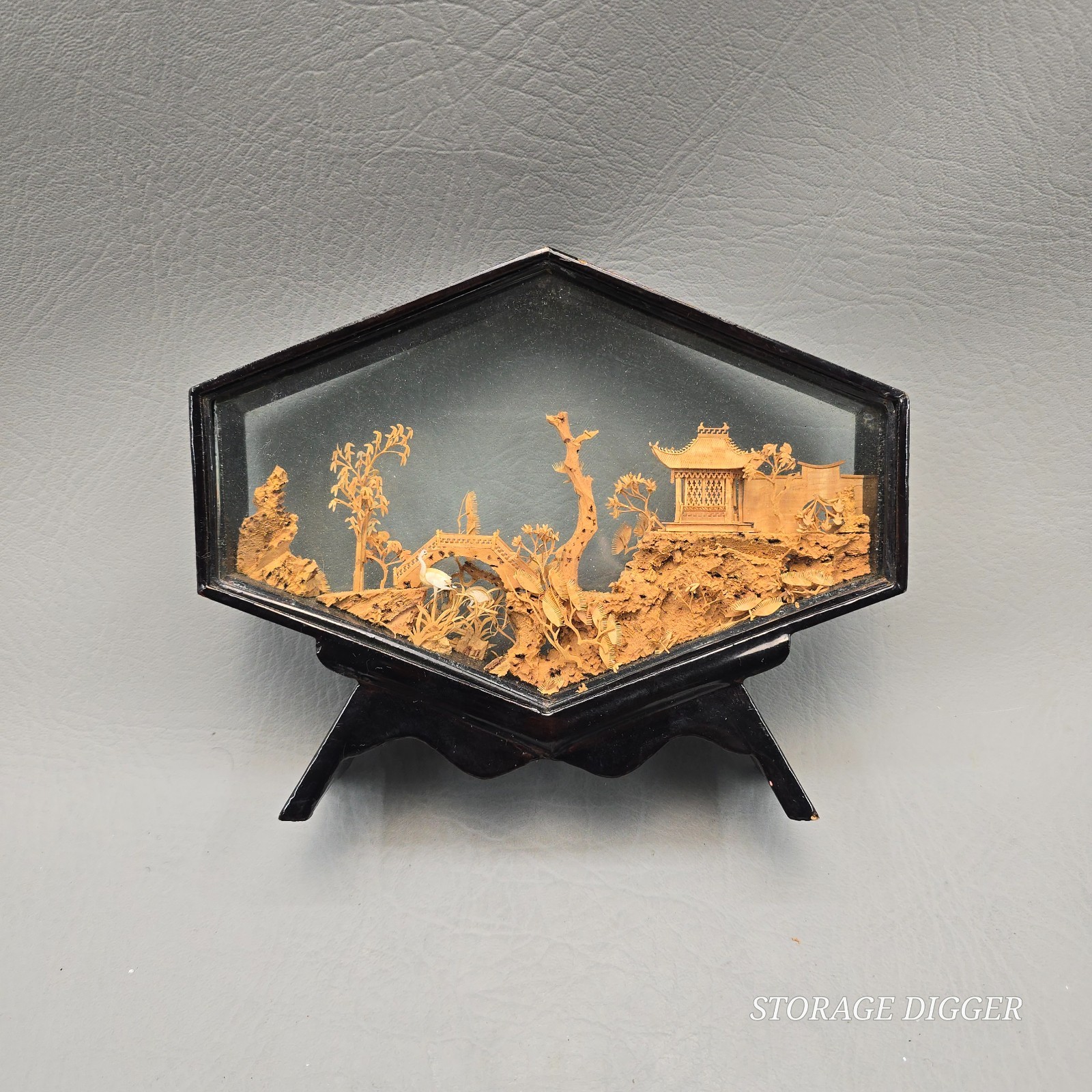 VTG Chinese Hand Carved Cork & Wood Diorama In Hexagon Glass & Wood Display